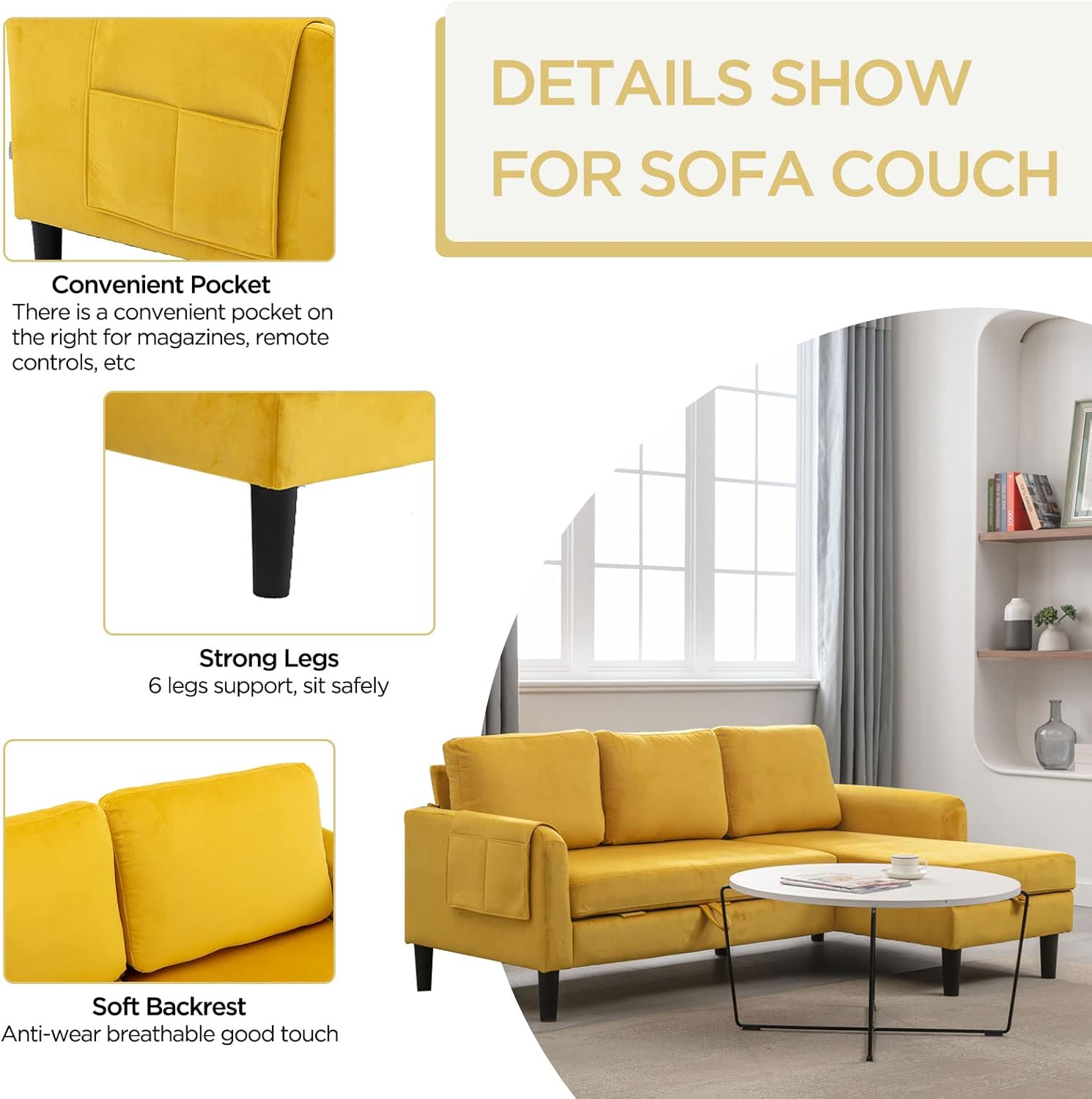 Akrenar Sofá modular reversible con almacenamiento, moderno sofá cama de tela de terciopelo en forma de L, sofás seccionales para sala de estar,