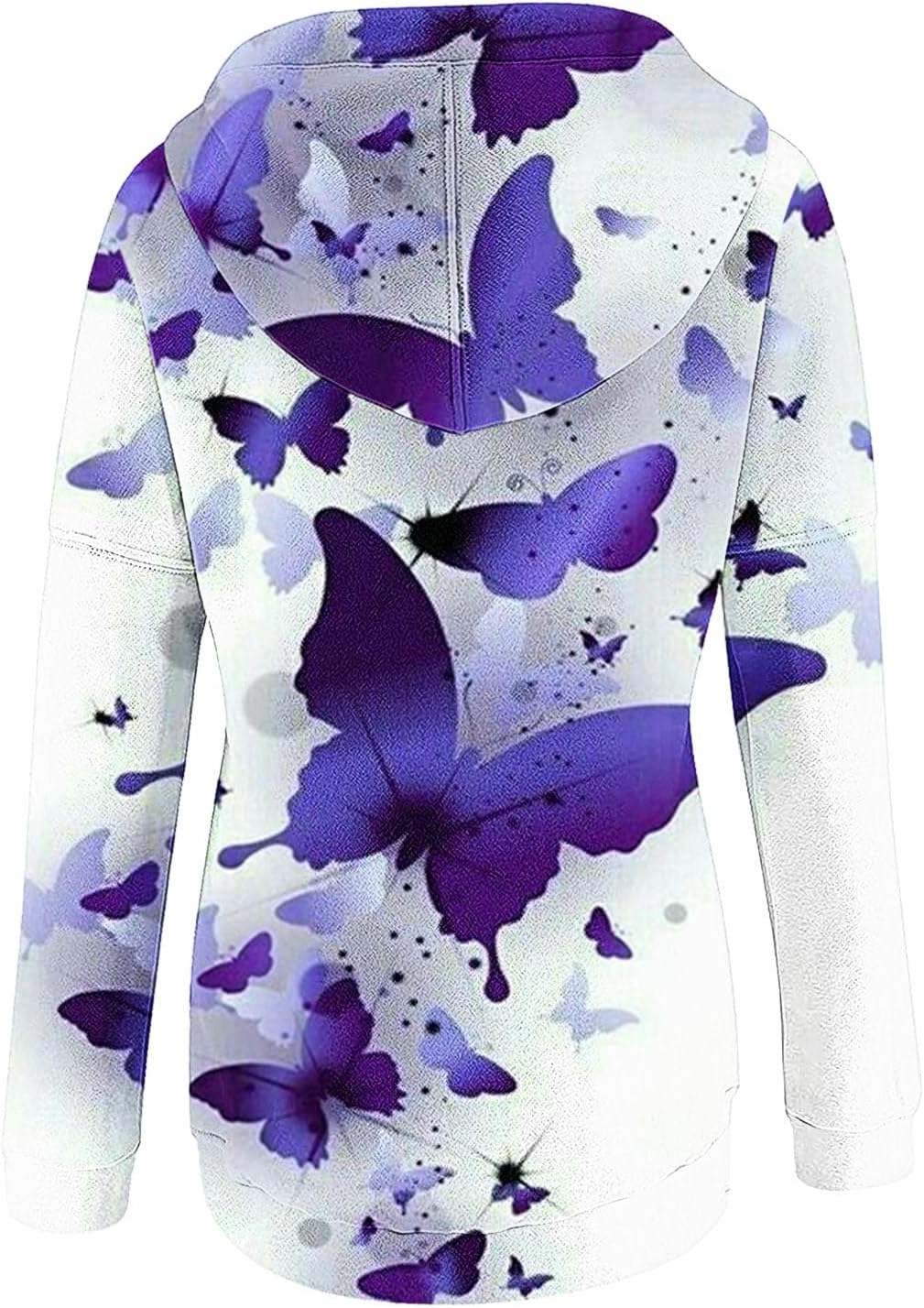 Sudadera con capucha para mujer, con estampado de mariposa, casual, con botones abiertos, estilo Henley, manga larga, con cordón, recortada