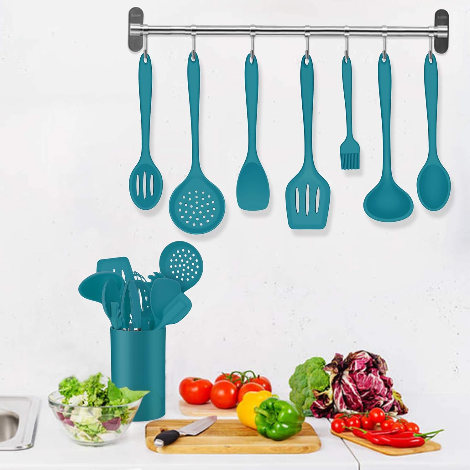 LIANYU Juego de utensilios de cocina de silicona de 12 piezas con soporte, herramientas de cocina que incluyen espátula ranurada, cuchara, cucharón,