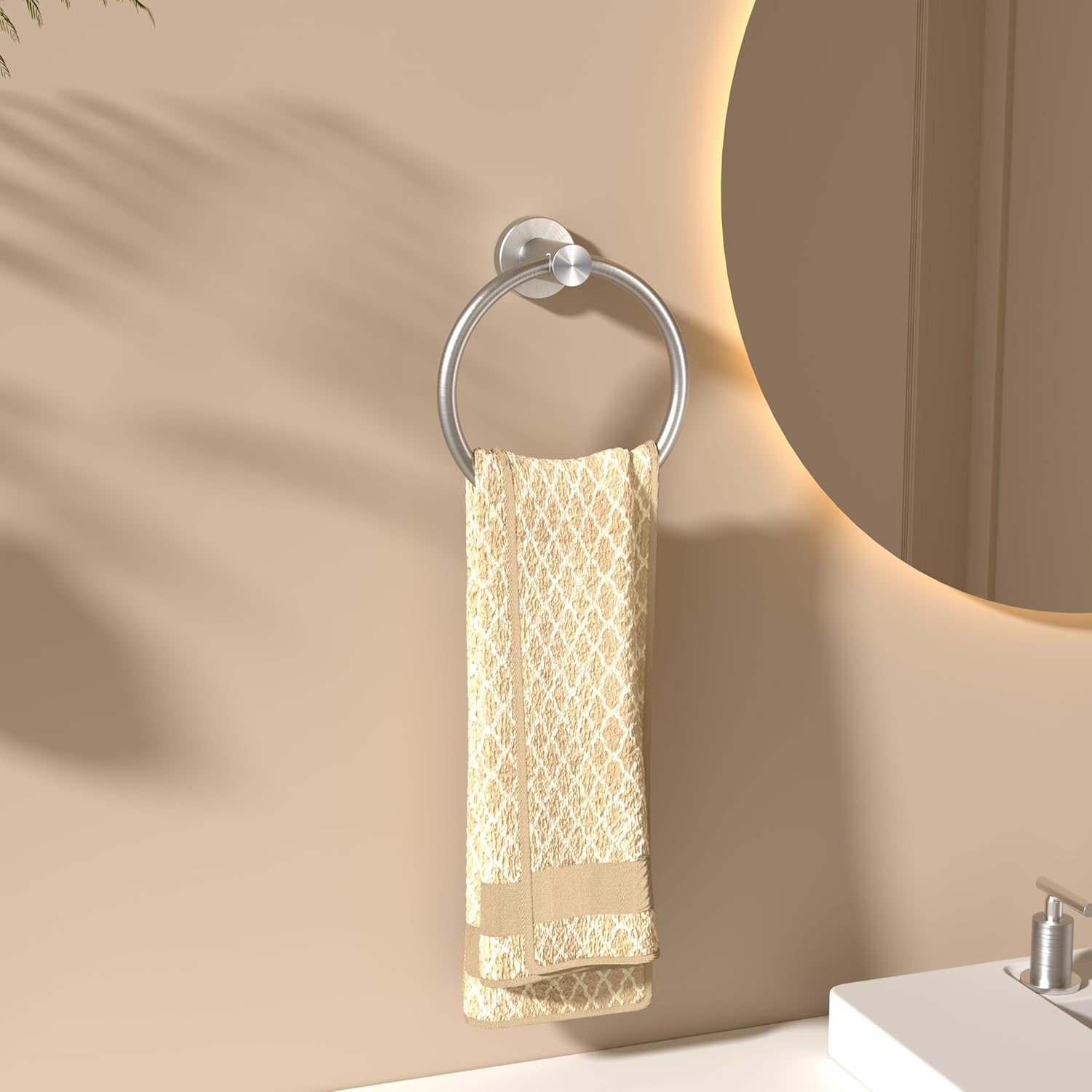 FORIOUS Paquete de 2 toallas de baño de níquel cepillado, soporte para toallas de mano de acero inoxidable SUS 304 montado en la pared, anillo de