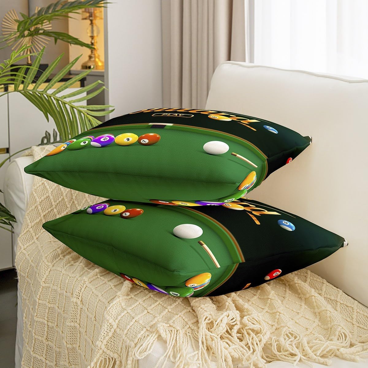 Juego de 2 fundas de almohada de billar 3D para sofá, cama, para niños, amantes de los juegos de pelota, fundas de cojín coloridas de 18 x 18