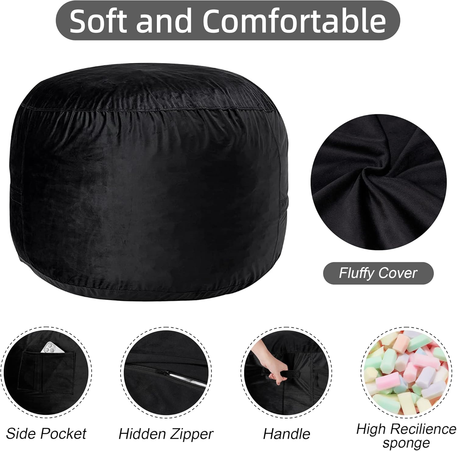 Puf gigante de 5 pies, relleno de espuma viscoelástica con funda de terciopelo, funda extraíble y lavable a máquina, puf para adultos, color negro