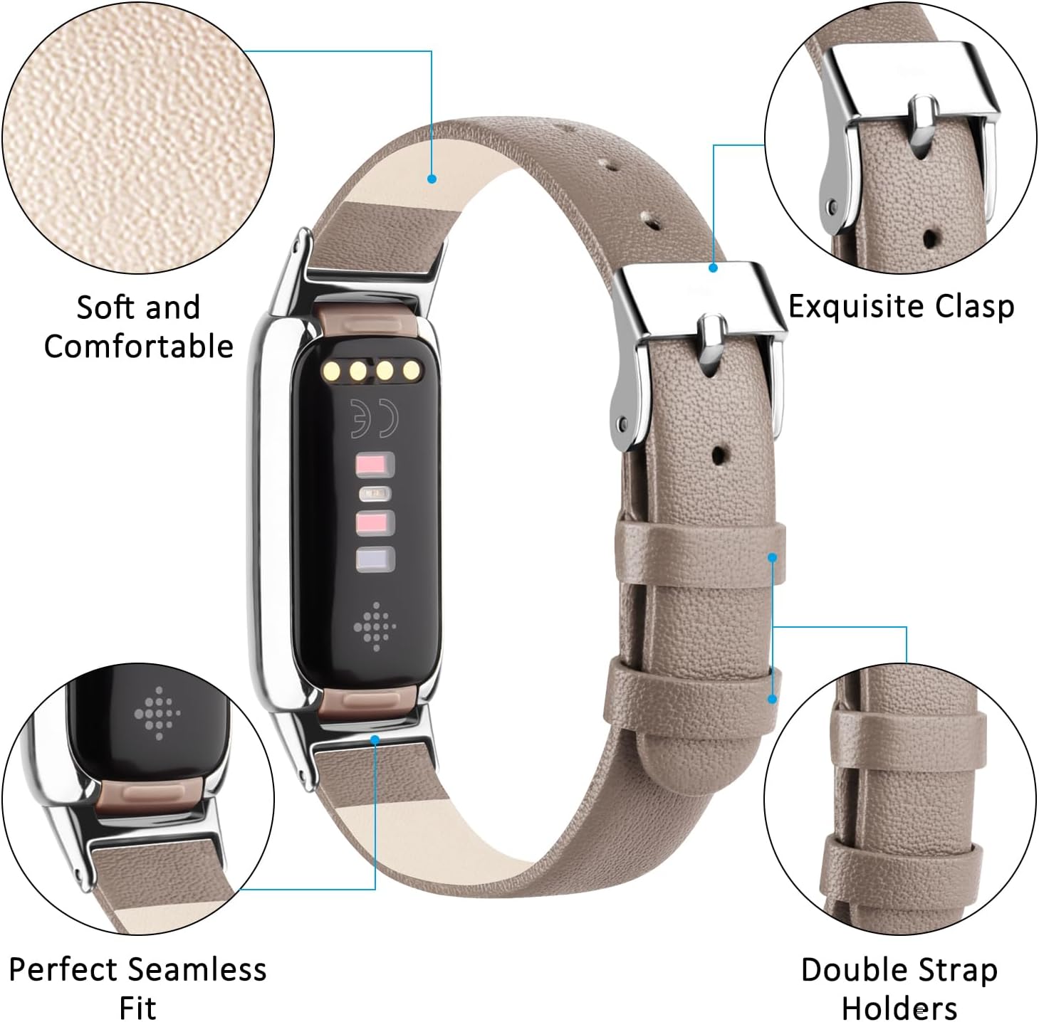 Vancle Correa de cuero compatible con Fitbit Luxe Band, correa de cuero delgada ajustable, correa de repuesto para reloj inteligente Fitbit Luxe