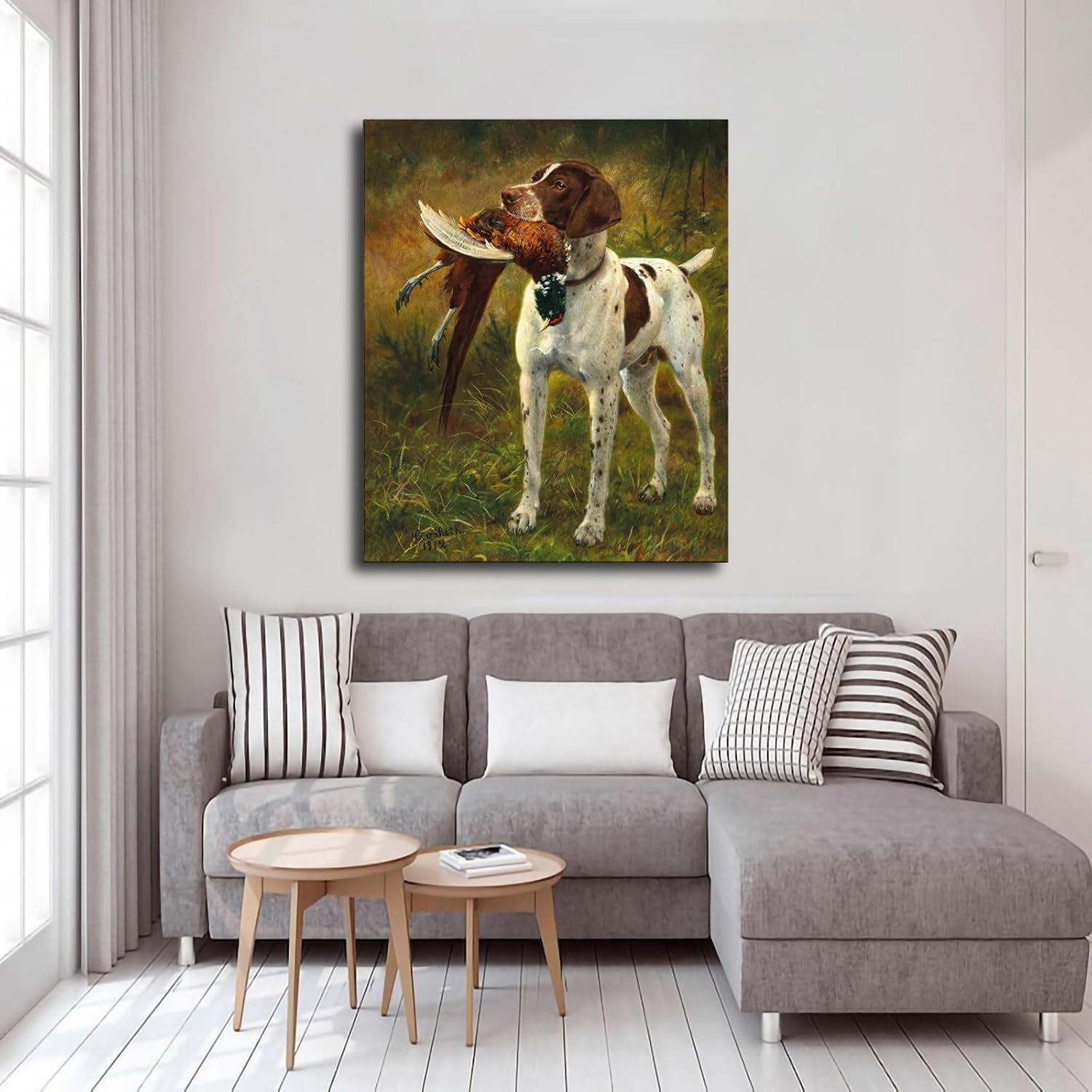 Póster impreso con texto en inglés “A Hunting Dog with a Pheasant” (Un perro de caza con un faisán) – Lienzo decorativo moderno para dormitorio