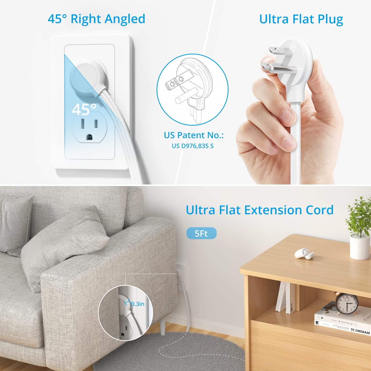 TROND Regleta protectora de sobretensiones con USB, enchufe plano ultrafino, cable de extensión de 5 pies de 1625 W, 3 USB A y 1 USB C, 8 salidas AC