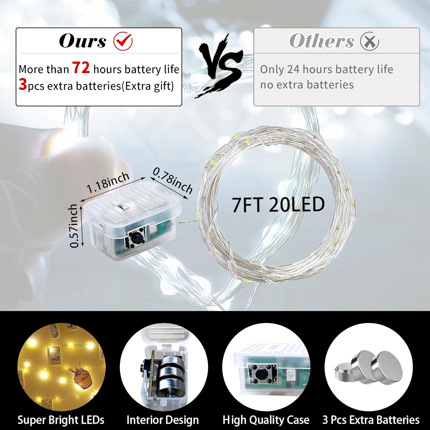 chzk Paquete de 12 luces de hadas de 7 pies, 20 luces LED parpadeantes, funciona con pilas, luces impermeables de luciérnaga estrellada, luces de