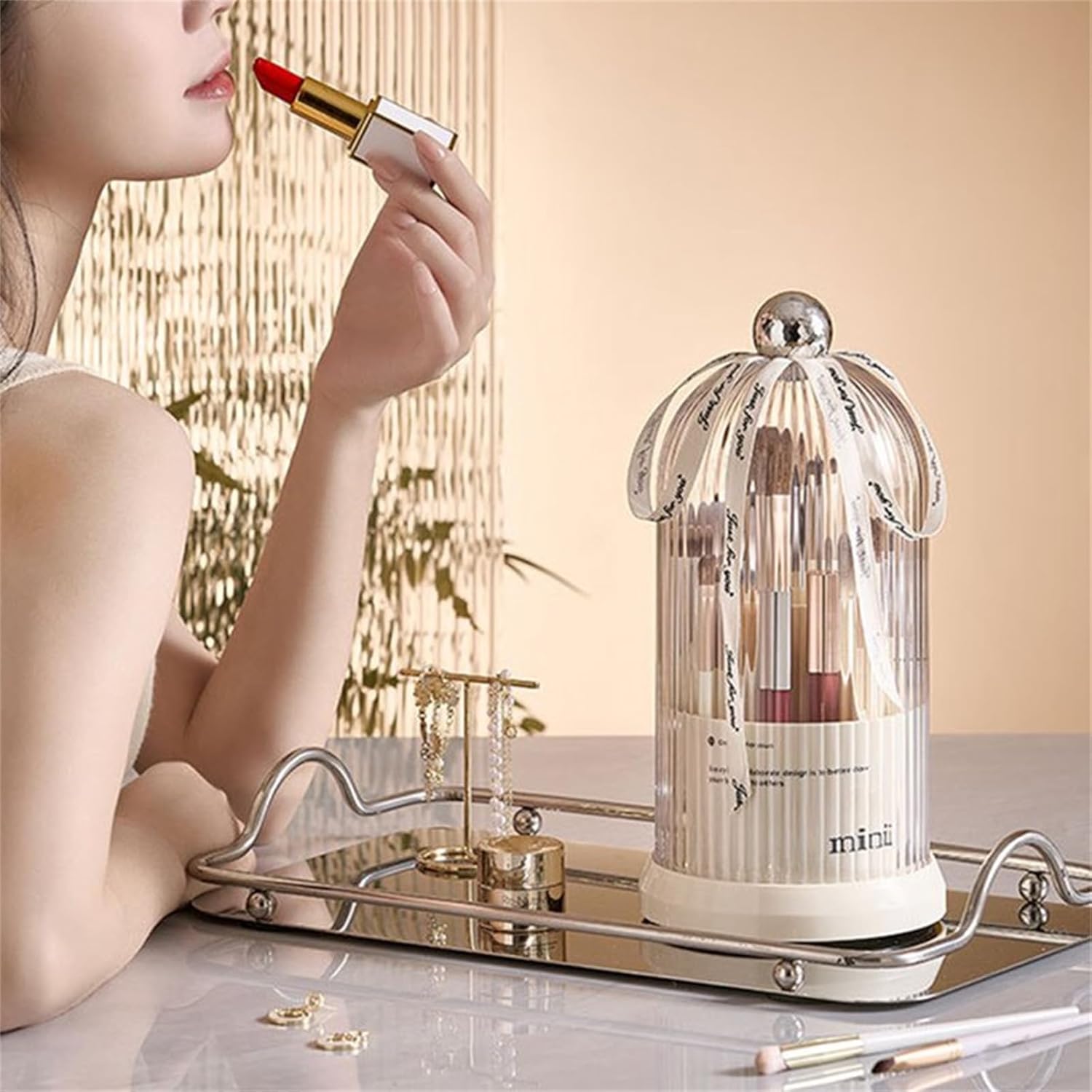 Organizador de brochas de maquillaje con tapa giratoria de 360 grados, soporte para tazas de brochas de maquillaje, un organizador de maquillaje