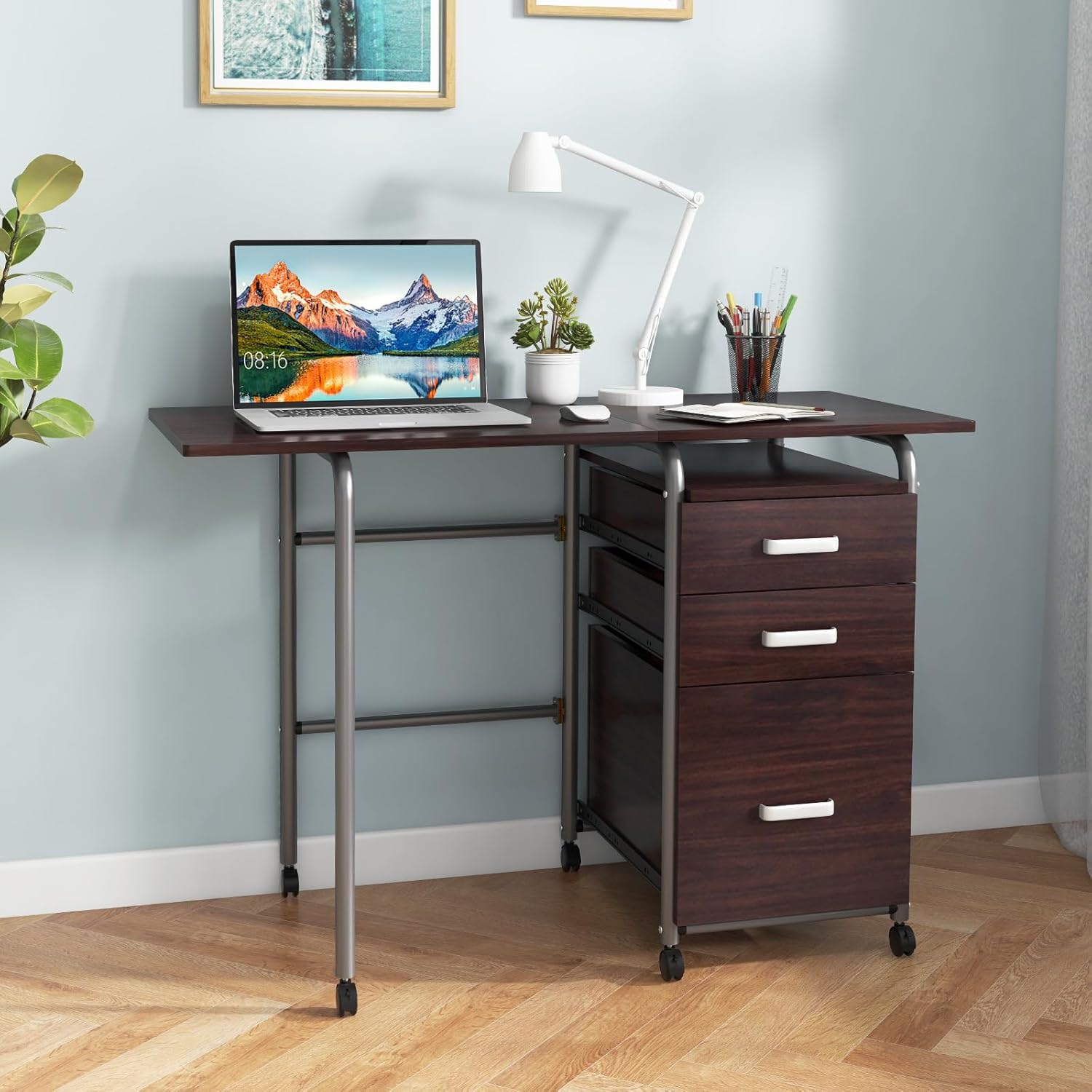 Giantex Escritorio plegable para espacio pequeño, escritorio de oficina en casa rodante con 3 cajones y ruedas universales con cerradura, escritorio