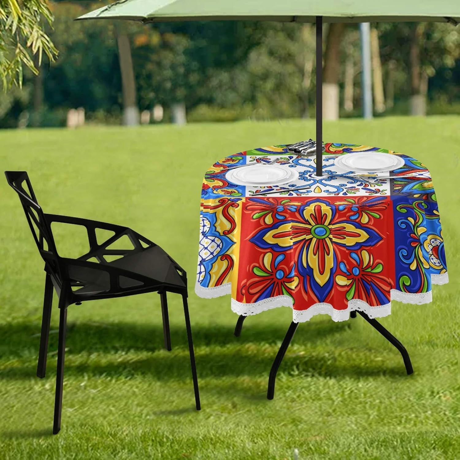 Qilmy Mantel redondo de azulejos de cerámica Talavera mexicana, resistente al calor, con agujero para sombrilla y cremallera, para acampar al aire