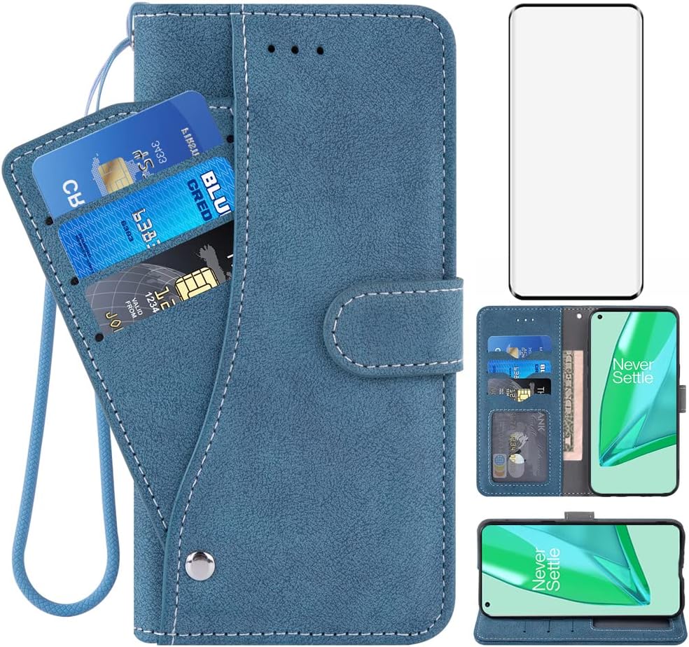 Asuwish Funda compatible con OnePlus 9 Pro One Plus 9Pro 5G y protector de pantalla de vidrio templado, funda con tapa para tarjetero, funda para