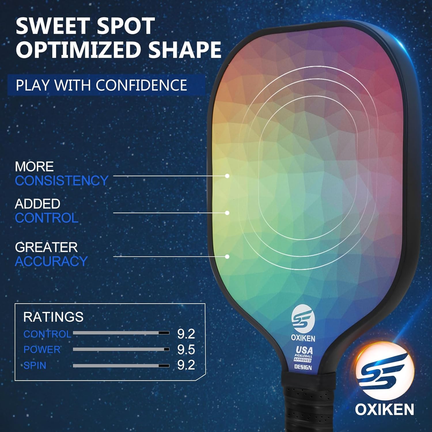 OXIKEN Pickleball Paddles Set of 2, USAPA Approved Carbon Fiber Pickle Ball Paddle (CHS), Polypropylene Honeycomb Core, Anti Slip Sweat Absorbing