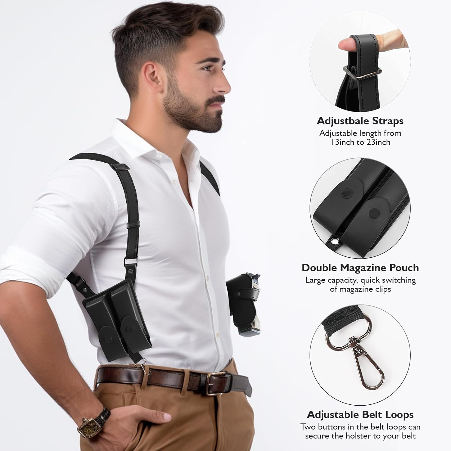 Shoulder Holster General Vertical Gun Holster Adjustable PU Leather for Concealed Carry with Double Magazine Pouch – Fit 1911 Most Kinds of Pistols