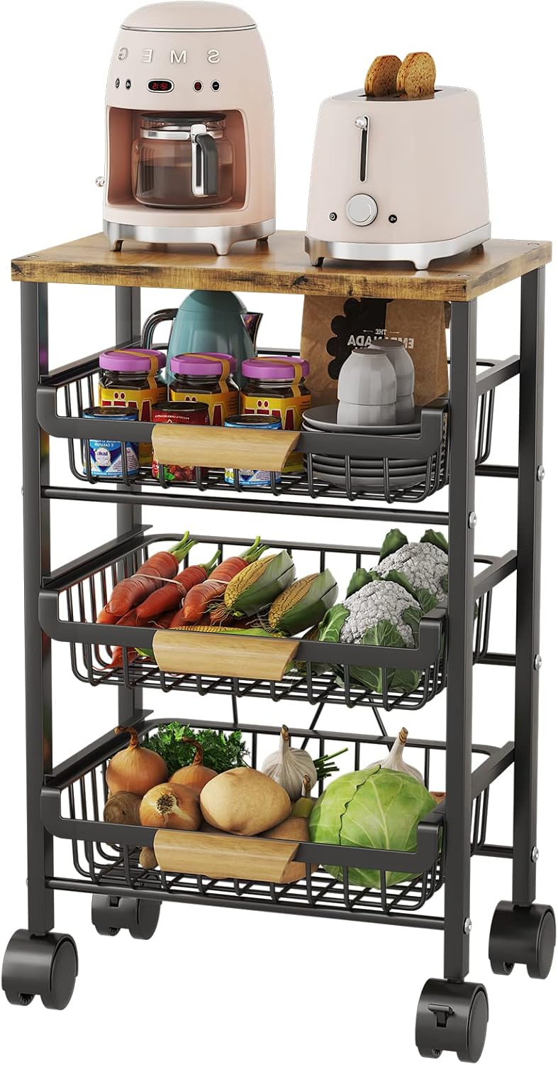 Wisdom Star Cesta de frutas de 4 niveles para cocina, carrito de almacenamiento de verduras con mesa de madera, cesta de verduras para cebollas y