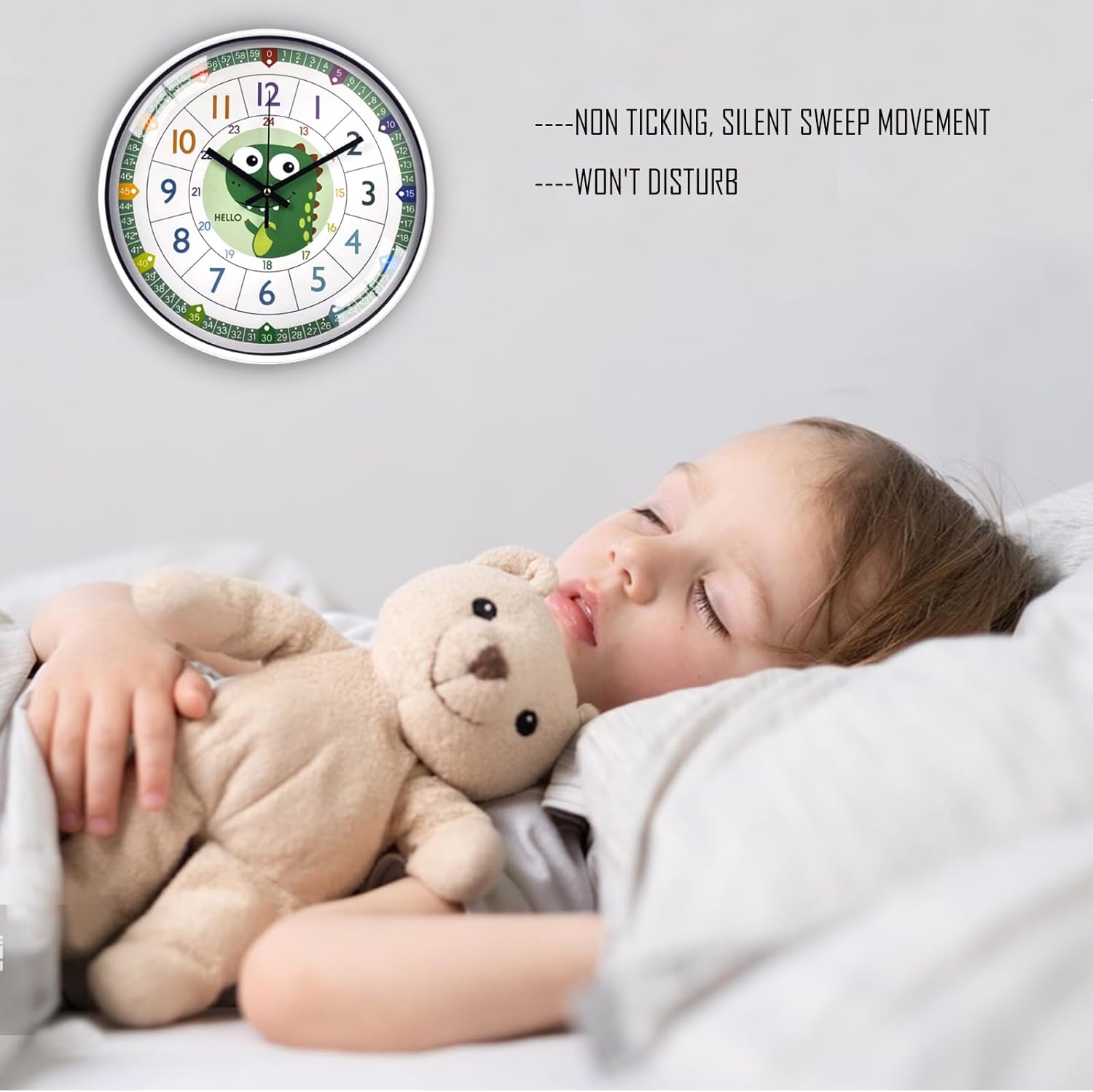 Reloj de pared para niños, 12 pulgadas, fácil de leer, silencioso y colorido sin tictac, funciona con pilas, para sala de estar, dormitorio, aula,