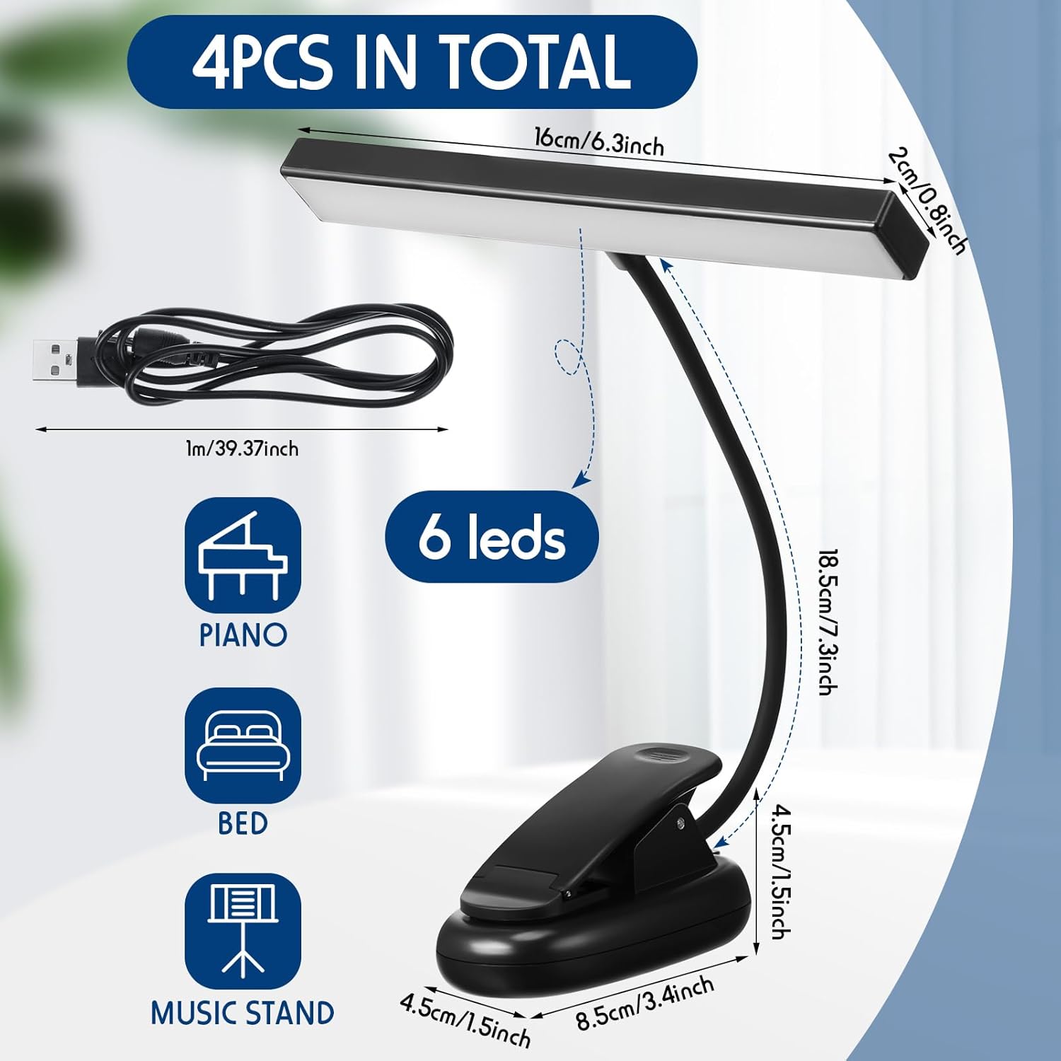Retisee 4 piezas de luz de soporte de música 18 LED con clip de luz de piano lámpara de lectura ajustable USB y batería AAA (no incluida)funciona