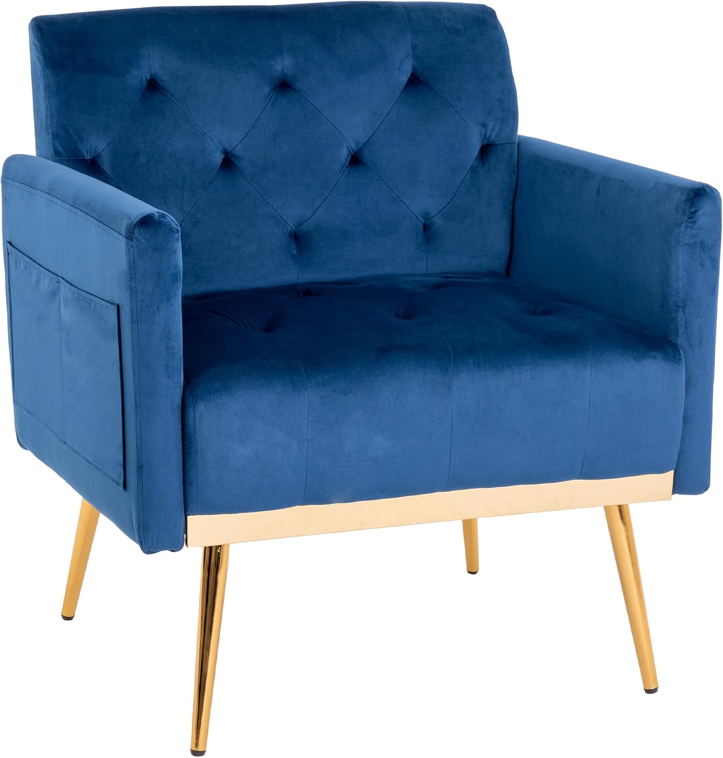 Silla decorativa de terciopelo con patas de metal dorado, silla de lectura moderna de mediados de siglo con bolsillo lateral, cómodo sillón