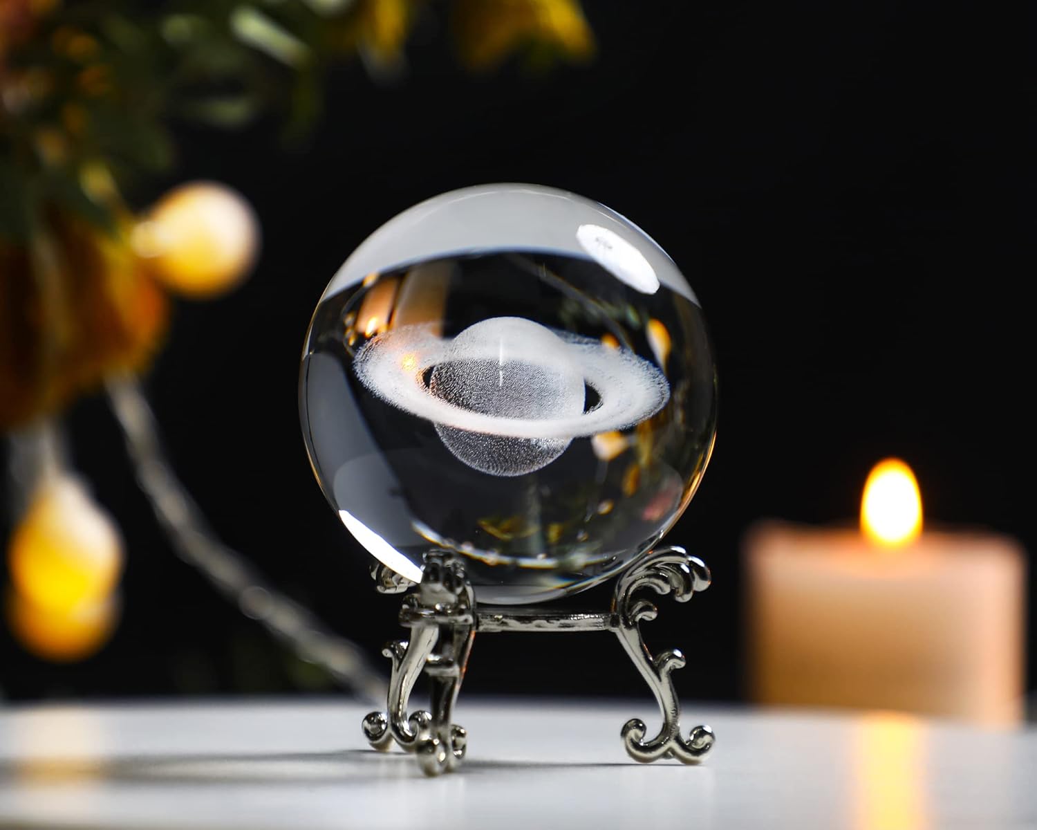 HDCRYSTALGIFTS Bola de cristal Saturno grabada con láser 3D, modelo de universo en miniatura, bola de vidrio planetario, decoración global del