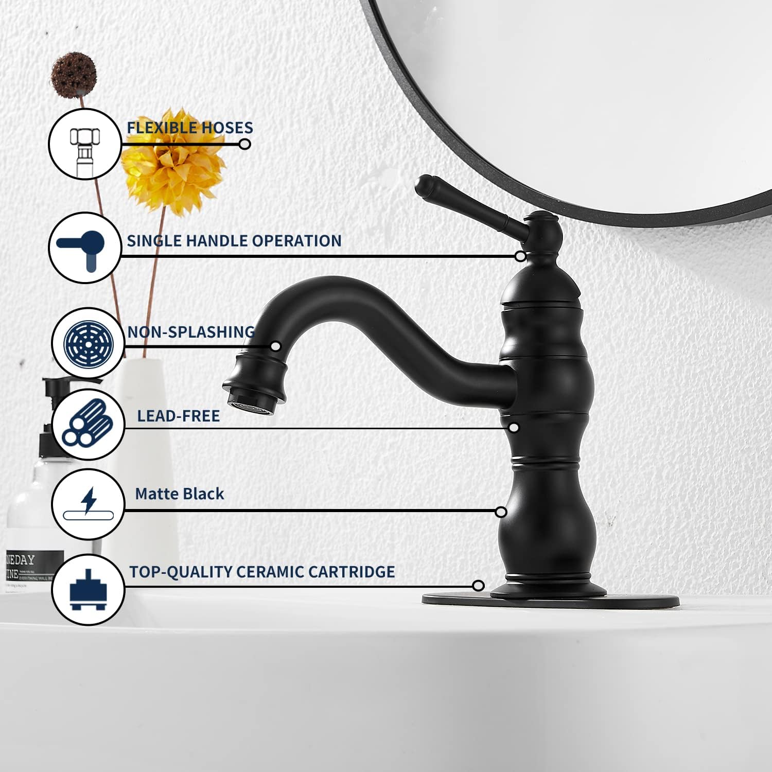 GGStudy – Grifo de baño negro mate giratorio de 360, grifo de tocador de baño de una sola manija, un agujero, grifo de lavabo de baño negro a juego