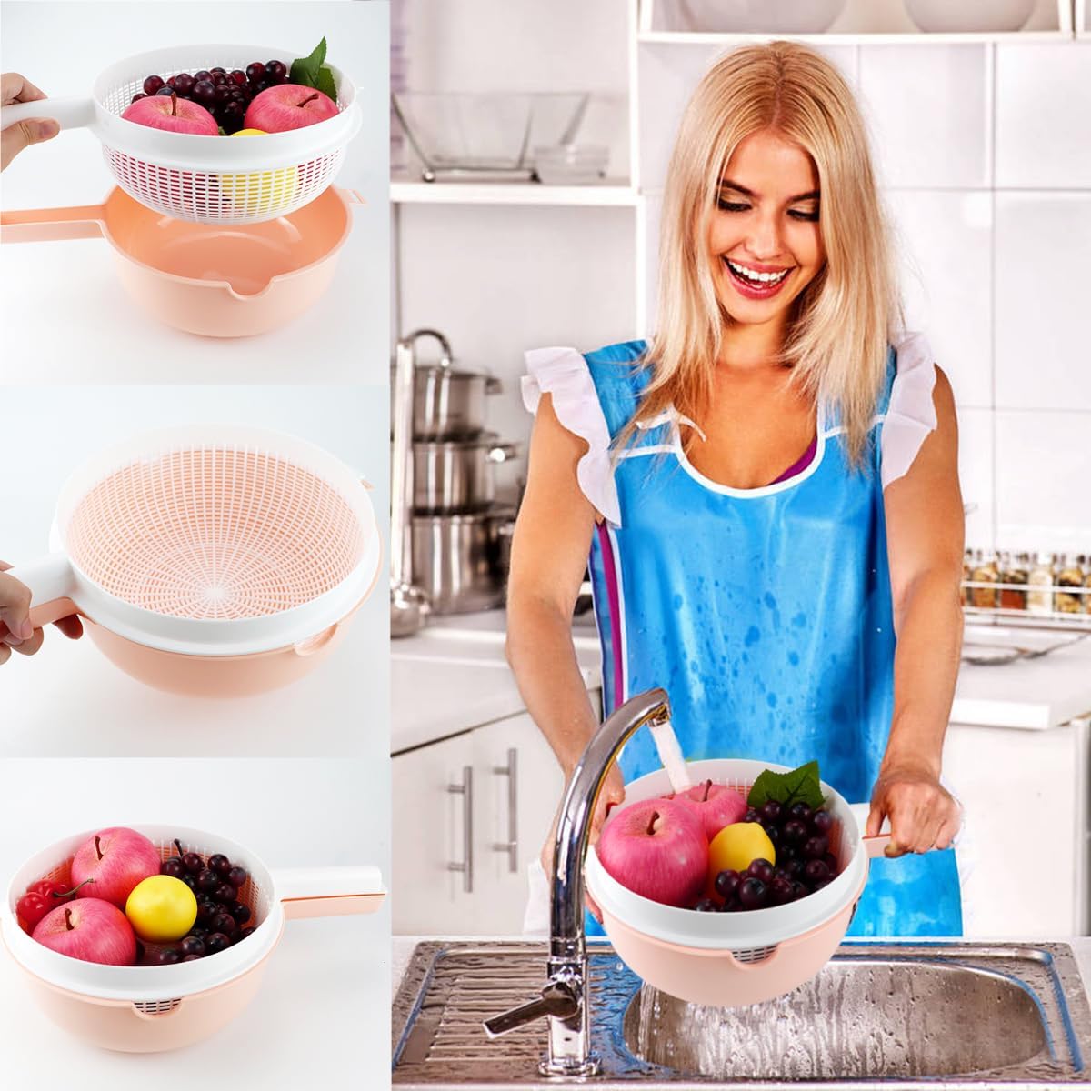 DOERDO – Cesta de drenaje de plástico con colador de lavado de doble capa con asa, coladores de lavado para frutas y verduras, naranja, 13.3 x 8.7