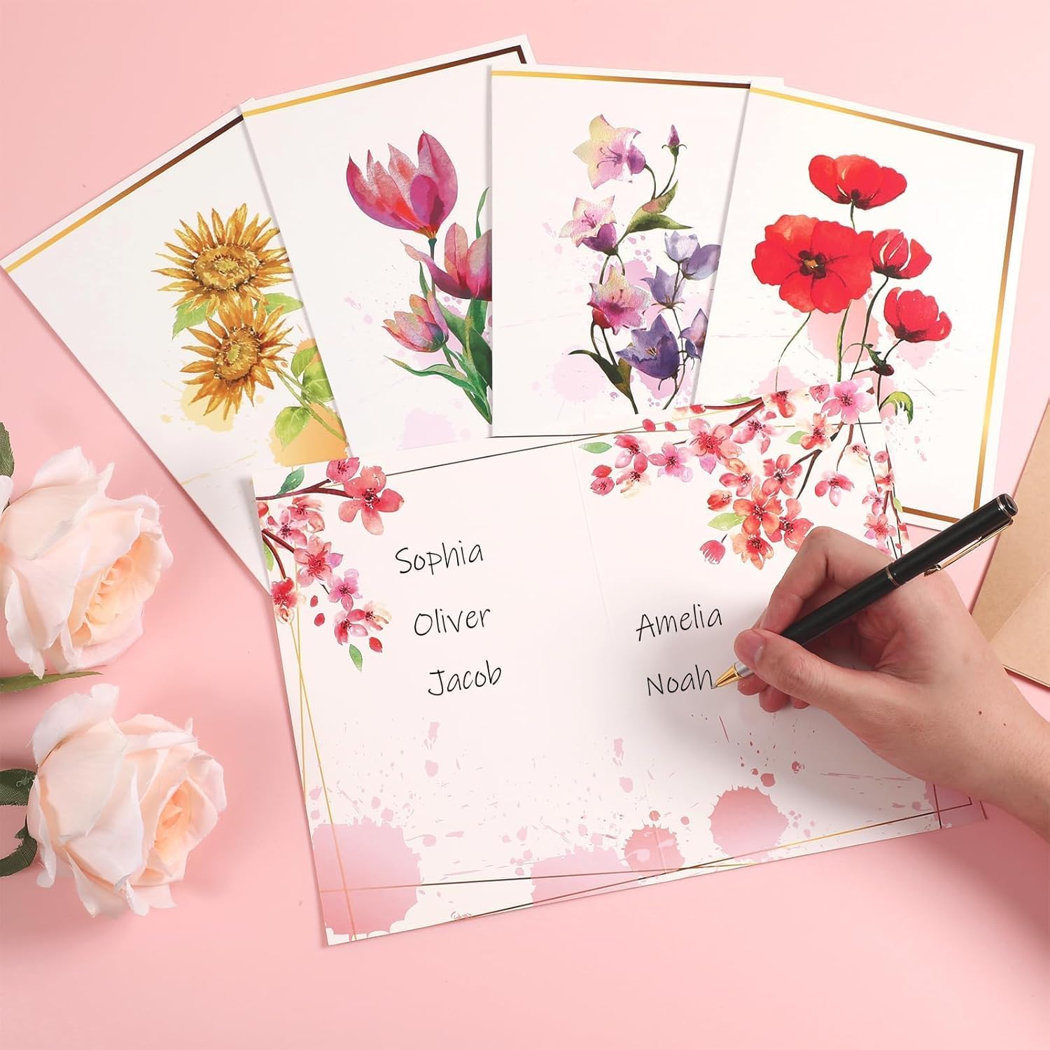 gisgfim 5 tarjetas de flores de acuarela jumbo, tarjeta de felicitación floral grande, diseños de lámina dorada con sobres, libro de invitados