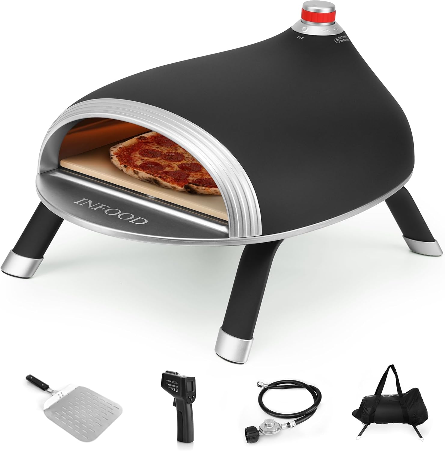 INFOOD Horno de pizza portátil de 13 pulgadas para exteriores, horno de pizza de propano para encimera, con piedra de pizza de cerámica, patas