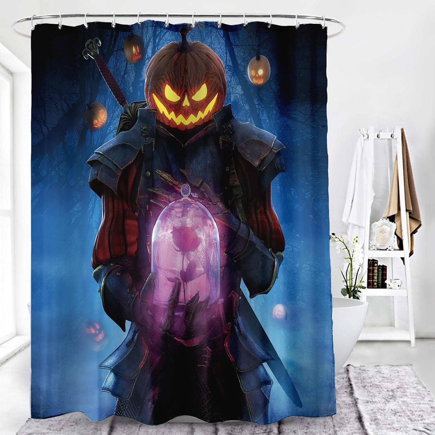 Cortina de ducha con diseño de caballero de calabaza, 72 x 72 pulgadas, diseño de caballero con forma de rosa en bosque brumoso, decoración de baño,