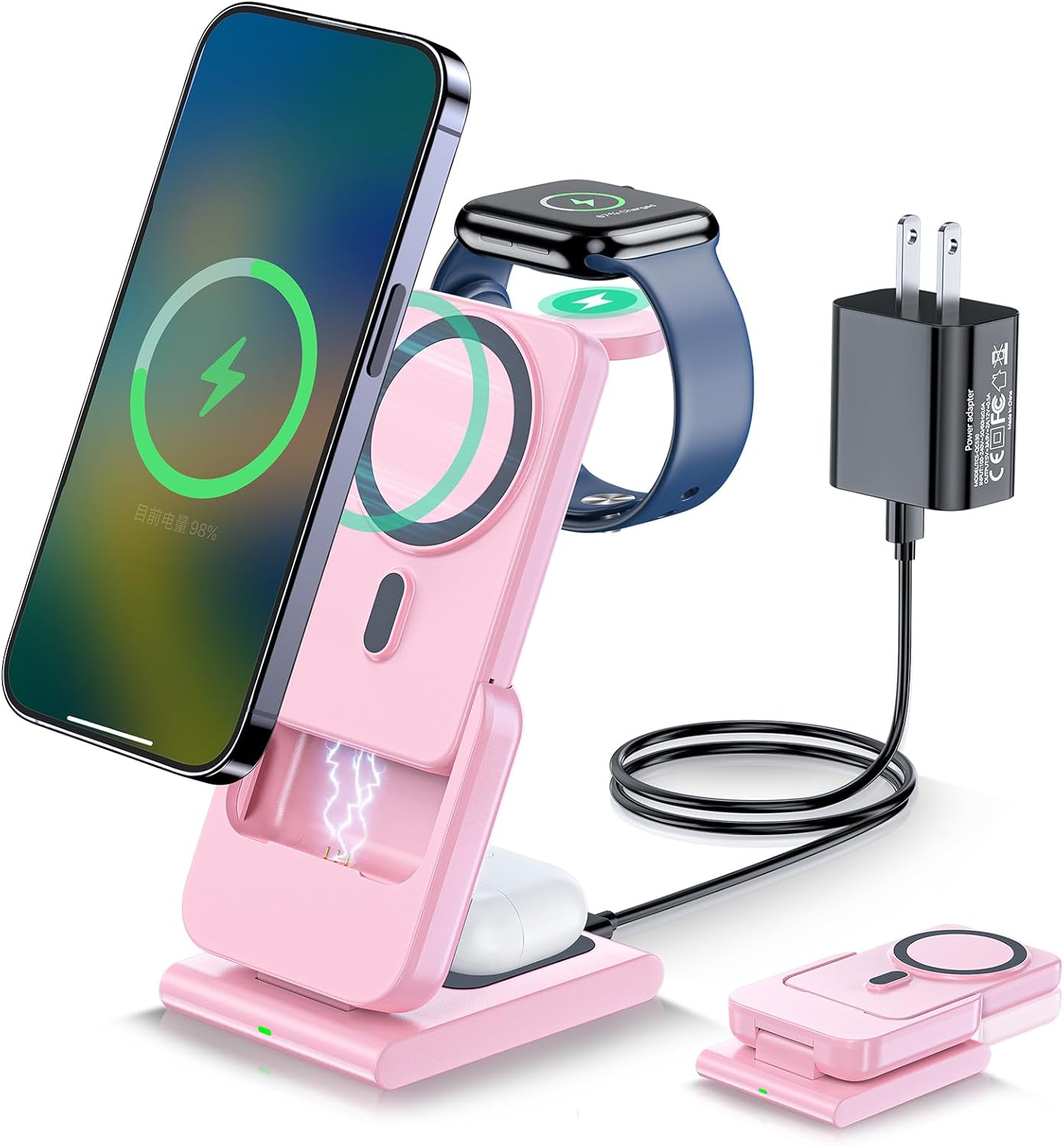 HUOTO Cargador portátil inalámbrico, soporte plegable de cargador rápido para iPhoneApple WatchAirpods, banco de energía magnético de 5000 mAh con