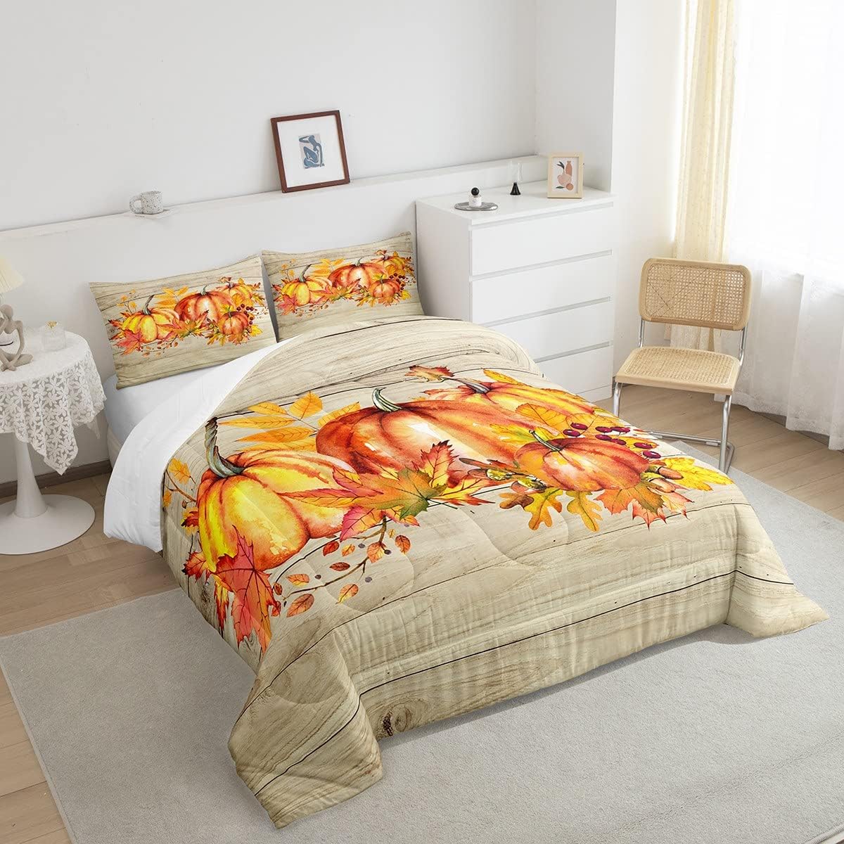 Juego de edredón de cosecha de otoño con diseño de hojas de granja y calabaza, juego de ropa de cama rústica con puerta de granero, diseño de arce