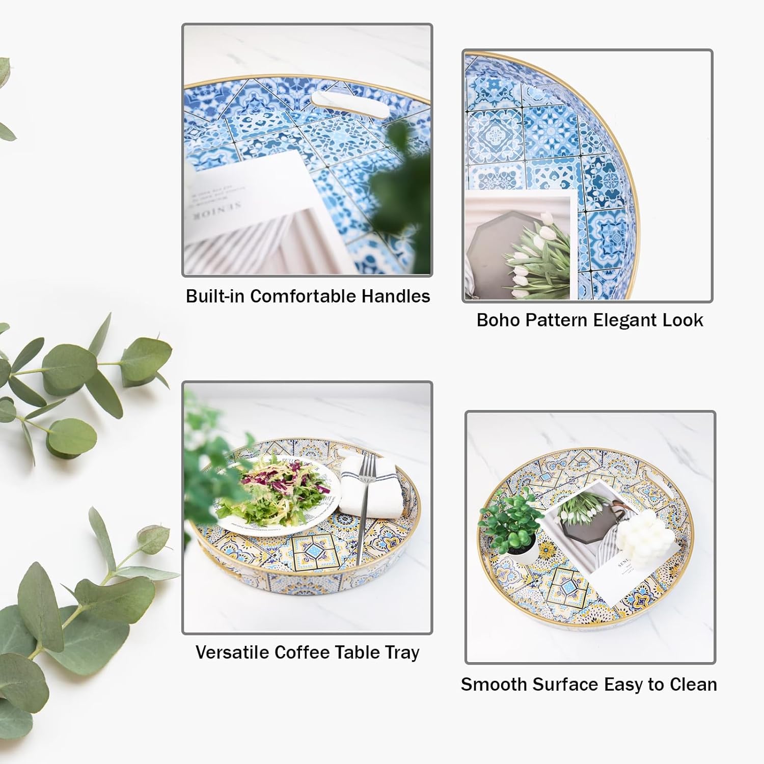 Bandejas redondas de plástico decorativas bohemias de 13 pulgadas con asas para sala de estar, mesa de café, otomana, baño, cocina