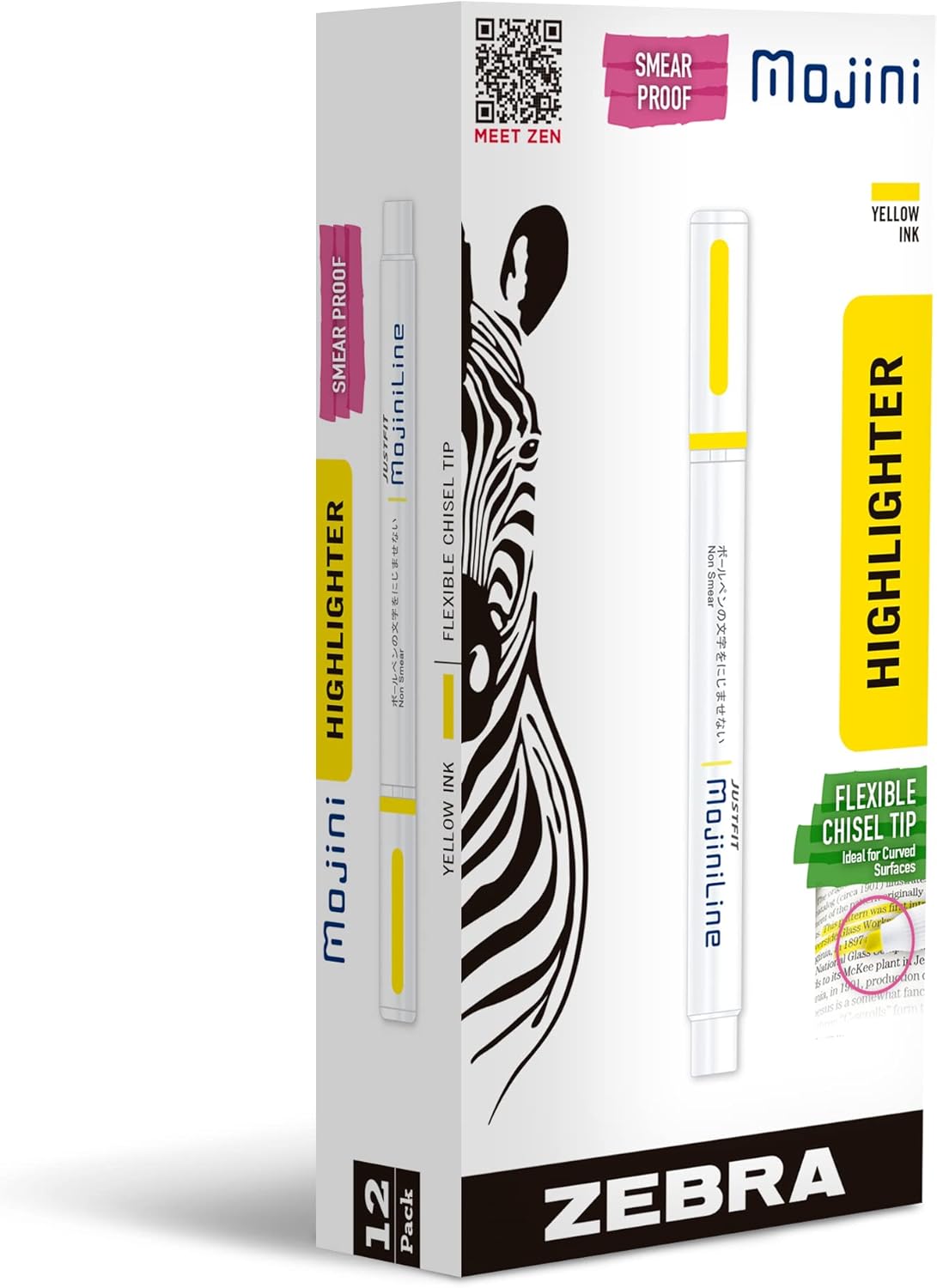 Zebra Pen Mojini 70250 – Marcador de resaltador amarillo, punta de cincel flexible, tinta amarilla, paquete de 12 unidades
