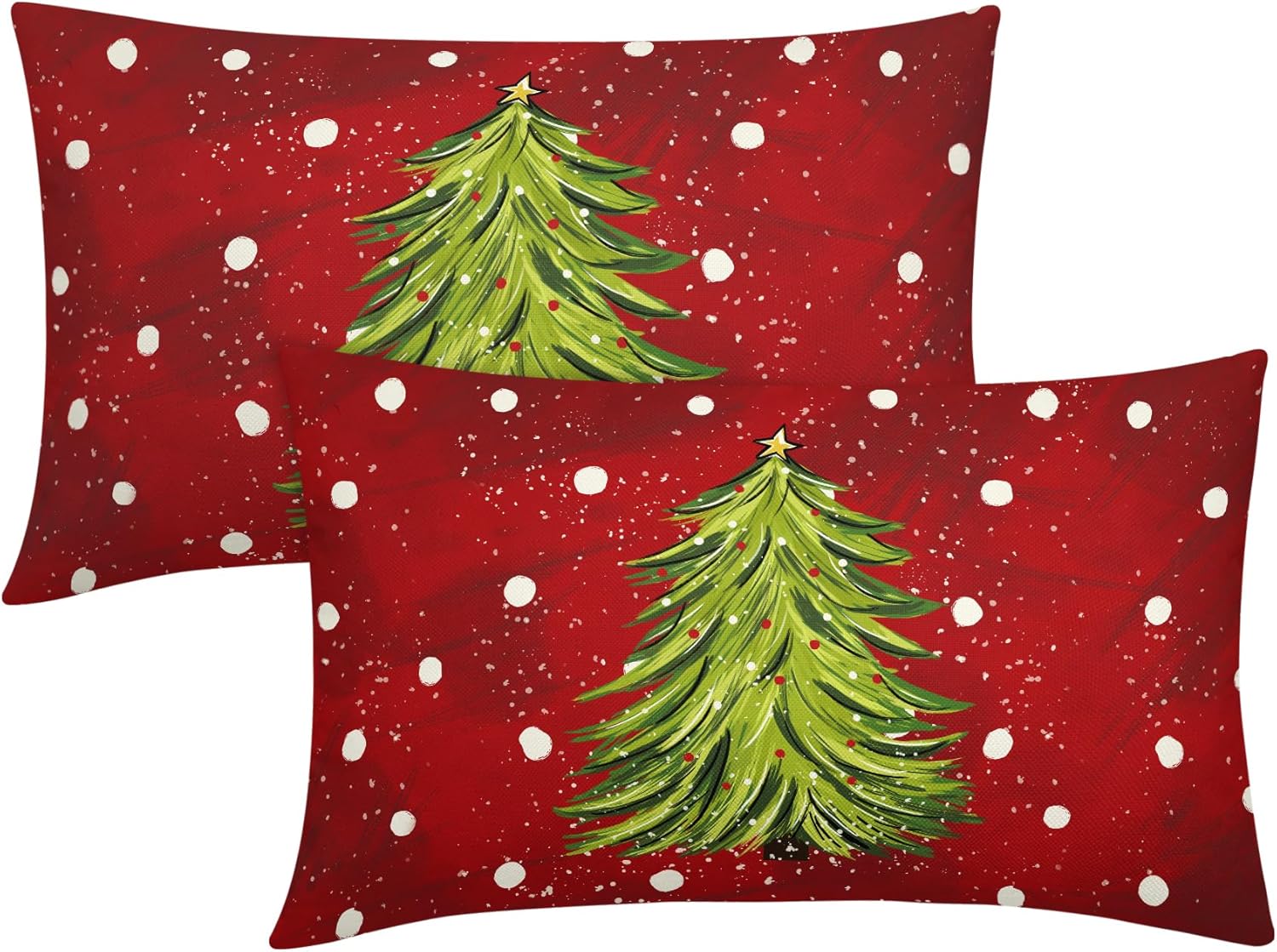 Juego de 2 fundas de almohada lumbares rojas de Navidad de 12 x 20 pulgadas, fundas de almohada rectangulares de árbol de acuarela de Navidad,