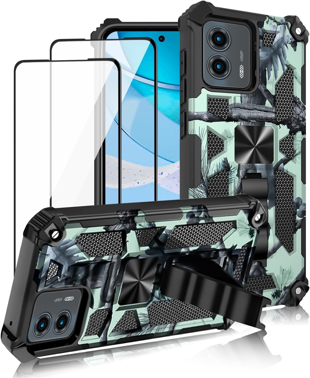 Funda para Motorola G 5G 2023, con 2 protectores de pantalla de vidrio templado, grado militar, soporte con soporte magnético para automóvil, funda