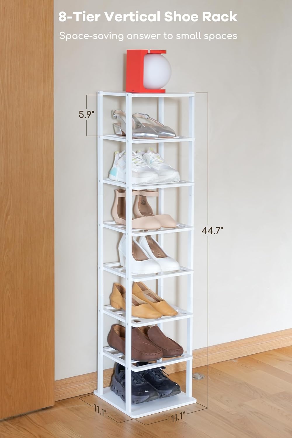 Zapatero vertical de bambú de 8 niveles, soporte de almacenamiento de zapatos independiente, torre de almacenamiento de zapatos que ahorra espacio