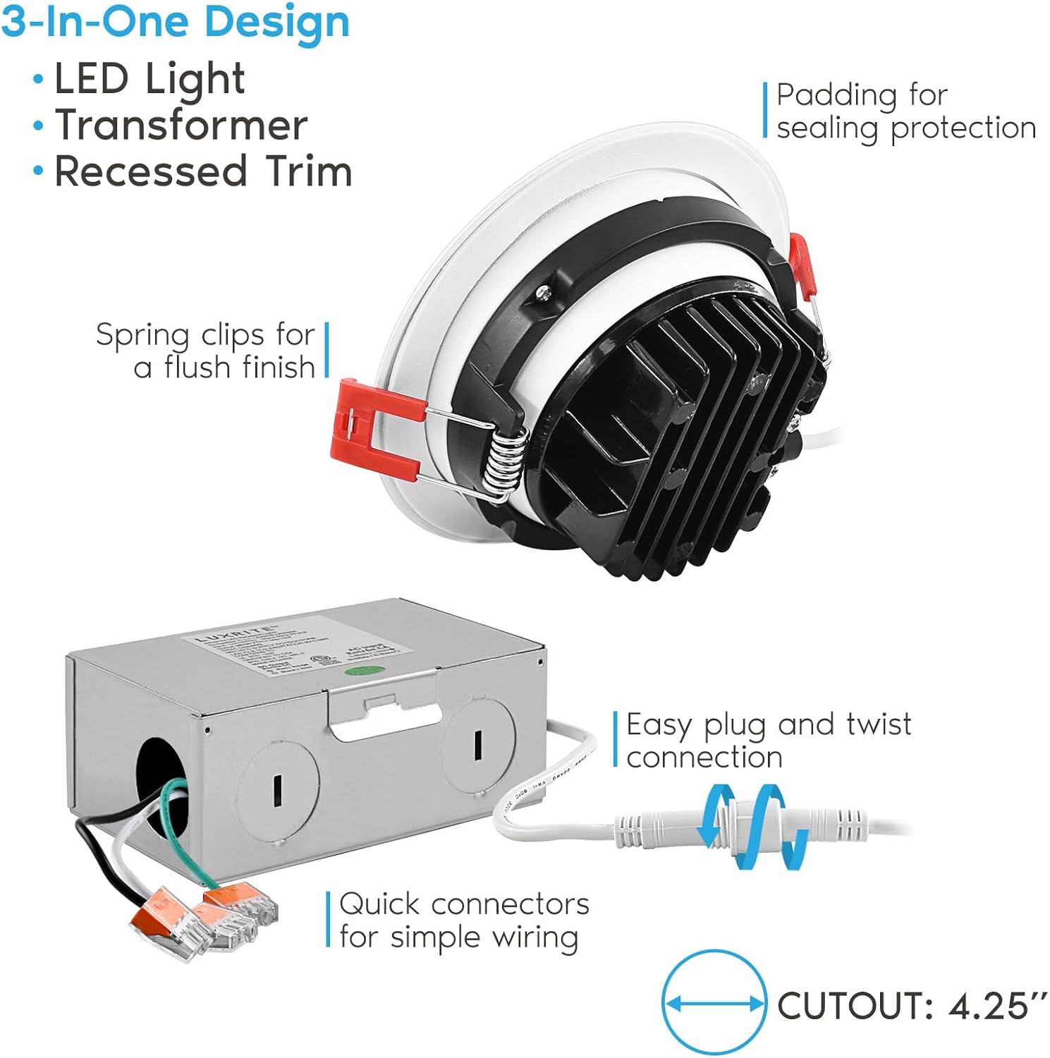 LUXRITE Luz empotrable LED cardán de 4 pulgadas con caja de conexiones, 11 W  75 W, 5CCT seleccionable 2700K-5000K, luces oculares LED giratorias