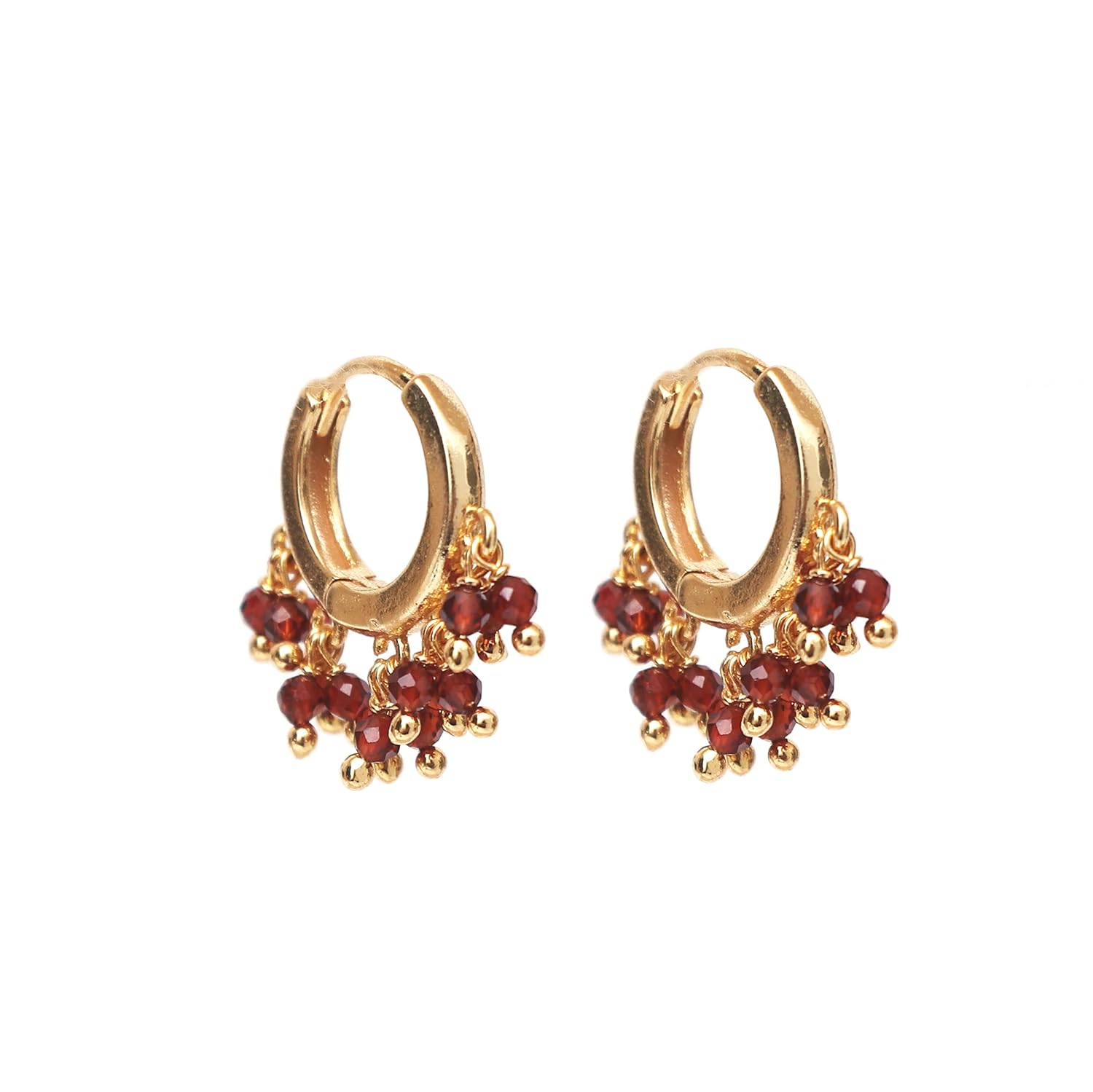 Gempires Natural Red Garnet Beads Hoop Earring January Birthstone Earrings for Women Gold Plated Handmade Jewelry, Gift For Her (Red Garnet)
