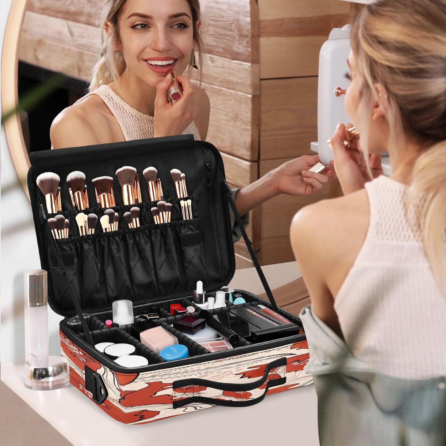 Zathe Painting Red Flower cosmetic bag with handles bag travel toiletry opening makeup bag makeup storage organizer bolso para cosmeticos for women