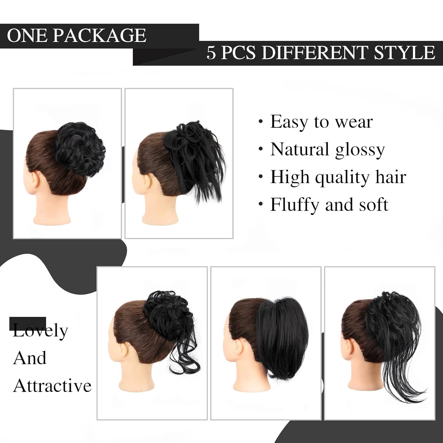 HMD Juego de 5 piezas de moño despeinado para mujer, extensión de cola de caballo con banda de goma elástica, extensión de cabello largo y