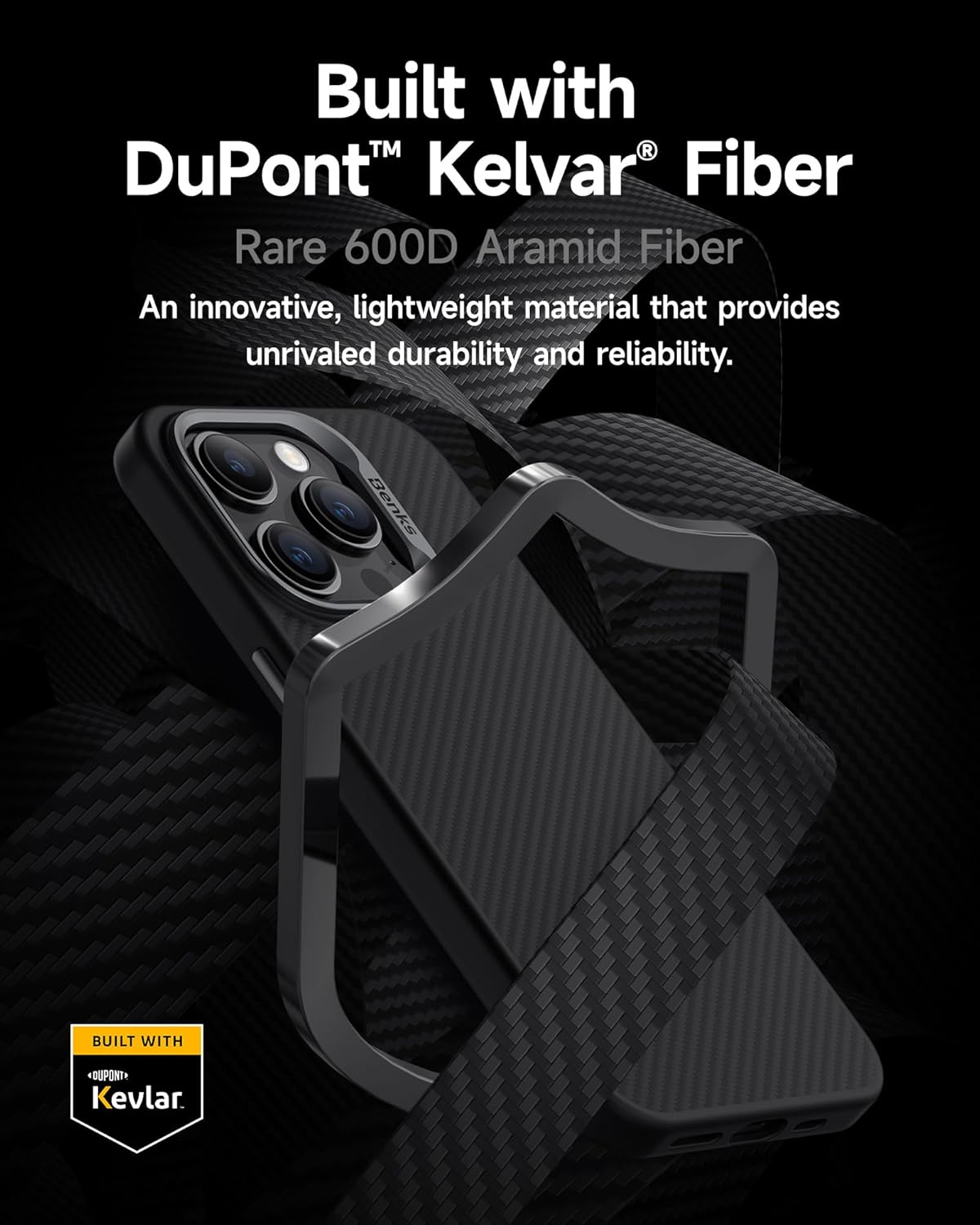 BENKS Funda para iPhone 15 Pro Max fabricada con fibra de aramida Kevlar 600D + banco de energía magnético MagClap StandGo de 10000 mAh