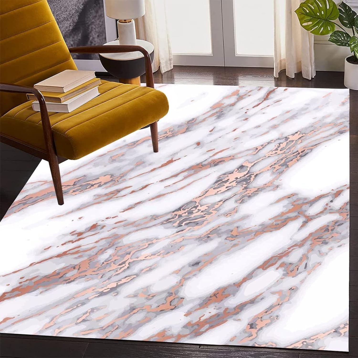 Alfombra de área con patrón de mármol dorado rosa crema, alfombra de arte moderno vintage para interiores, textura de impresión simple y moderna,