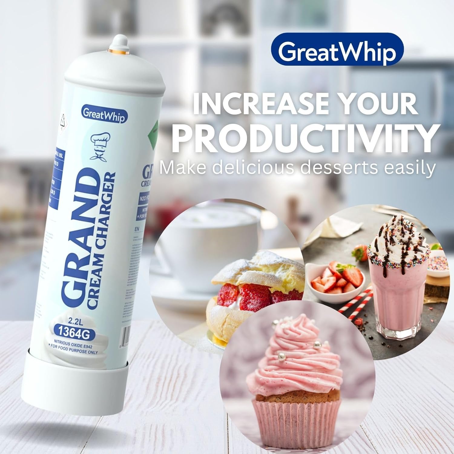 GreatWhip Cargador de crema batida de 2.2L 48.11 oz de grado alimenticio Tanque de óxido nitroso N2O Cargadores (12 cilindros, 3 cajas)