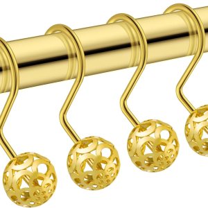 HBlife 12 ganchos dorados para cortina de ducha a prueba de óxido, bola hueca de metal, anillos decorativos para cortina y barra de ducha de baño HBlife 12 ganchos dorados para cortina de ducha a prueba de óxido, bola hueca de metal, anillos decorativos para cortina y barra de ducha de baño