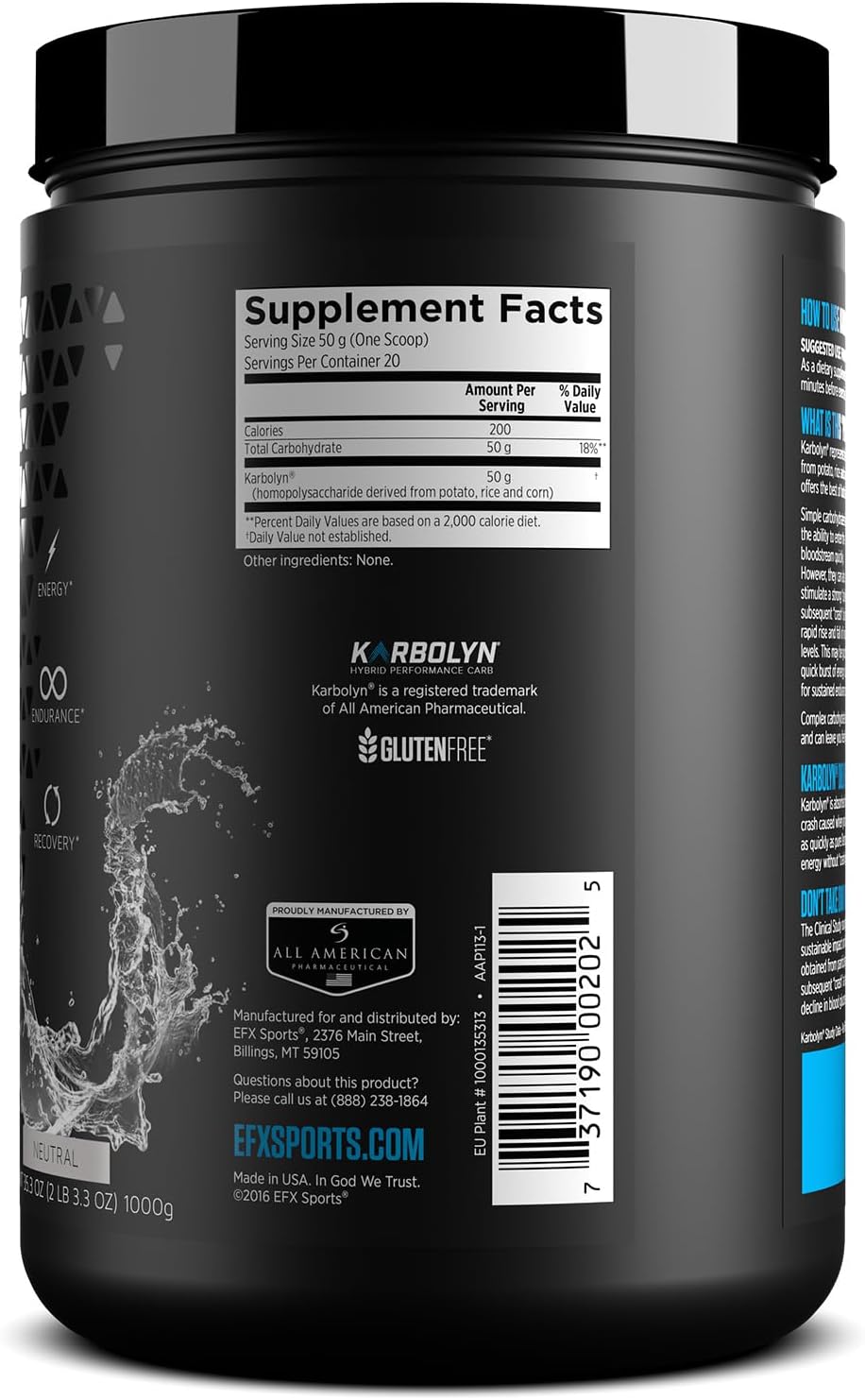 EFX Sports Karbolyn Fuel  Polvo de carbohidratos de absorción rápida  Carga de carbohidratos, energía sostenida, recuperación rápida  Sin