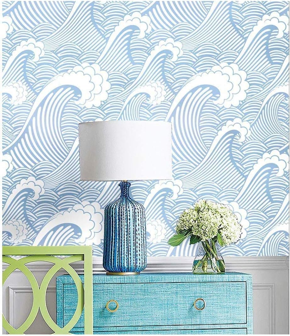 Blooming Wall CPS030 – Papel pintado a mano sin costuras de olas blancas azules y blancas, papel tapiz autoadhesivo prepegado (17.7 x 118 pulgadas)