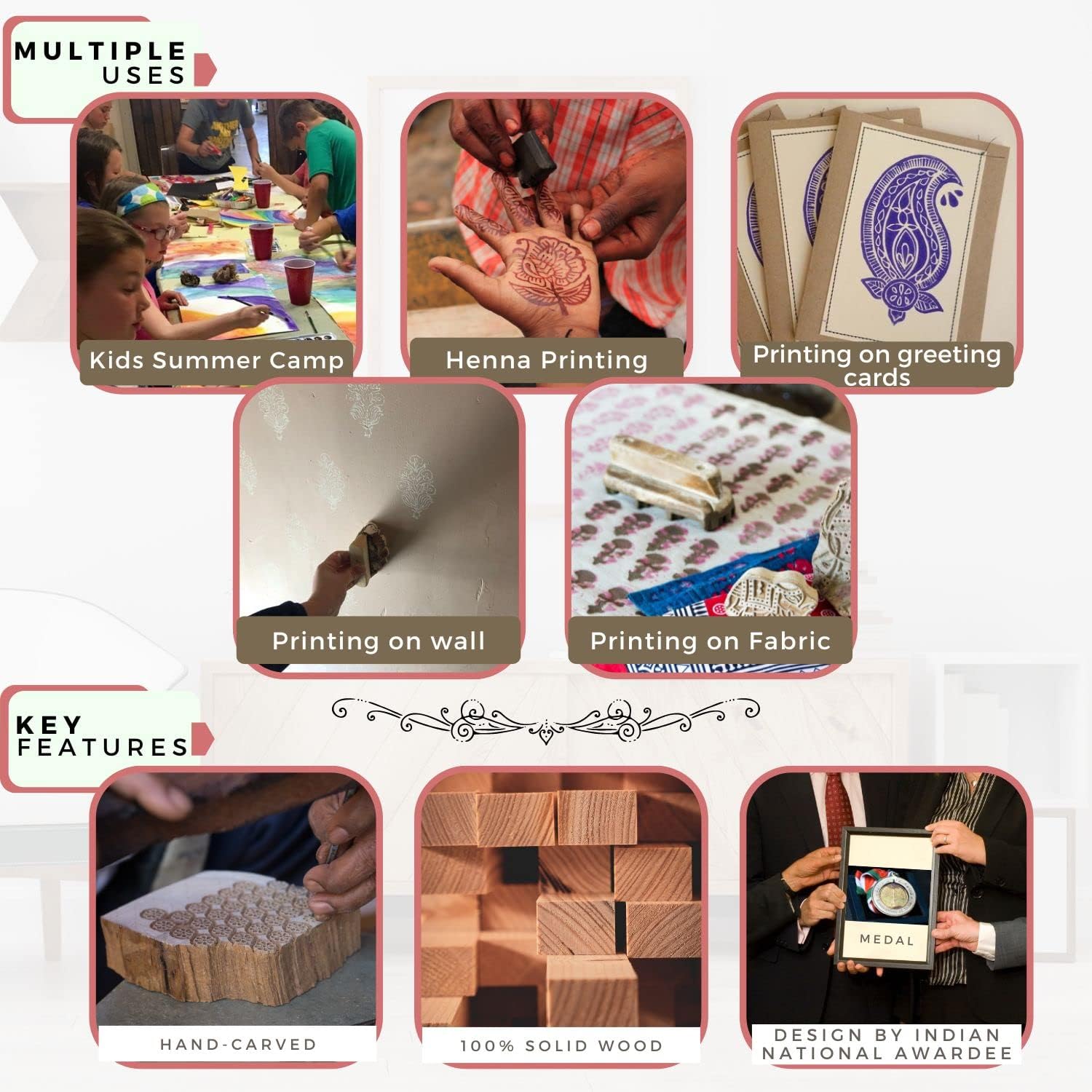 Hashcart  Juego de 10  Bloques de impresión multidiseño para borde de sari  Impresión a mano de henna Mehndi  Sellos para álbumes de recortes
