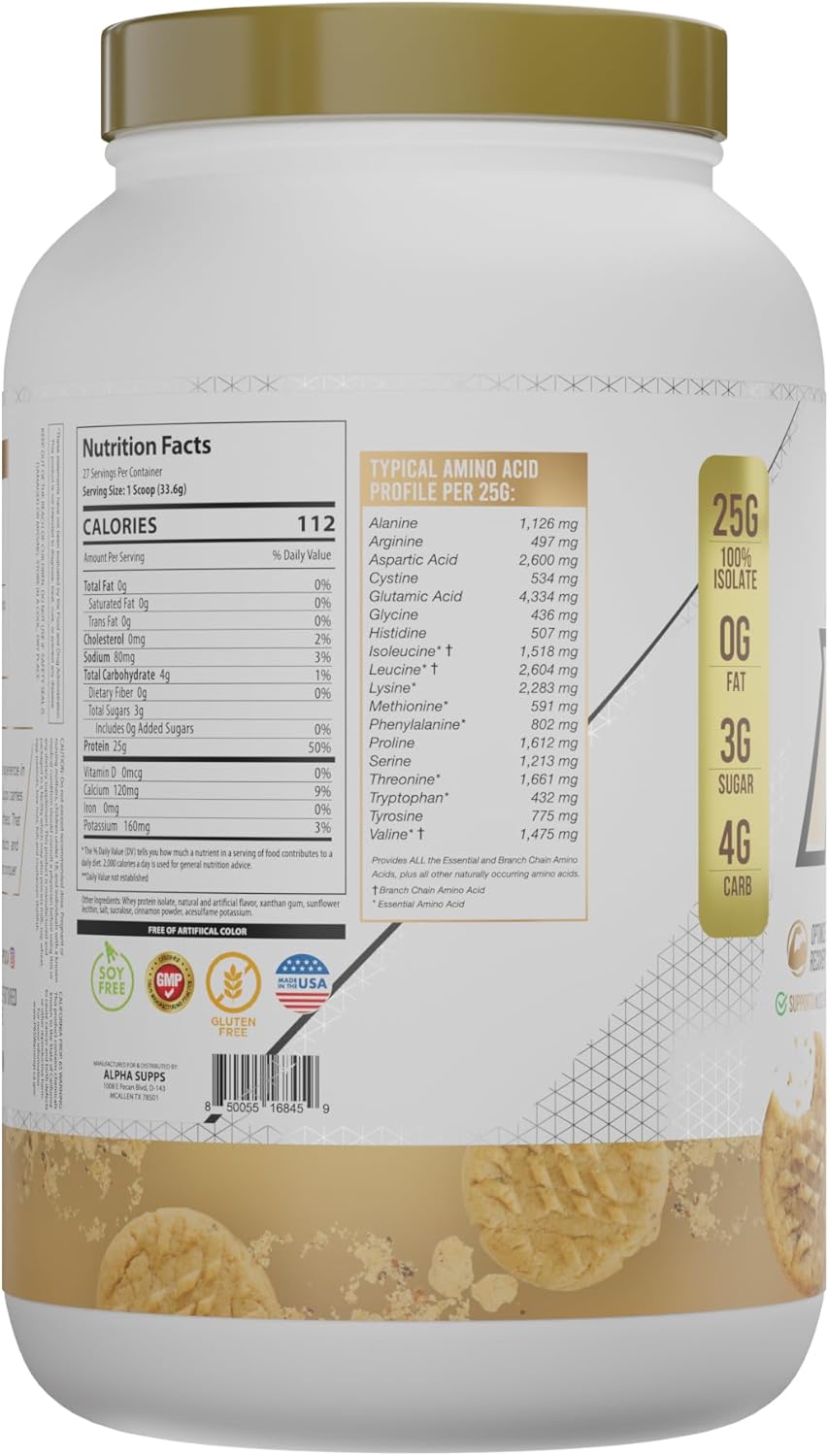 Alpha Supps ISO, polvo aislado de proteína de suero de leche 100% bajo en carbohidratos, 0.88 onzas por porción, ayuda a apoyar el crecimiento