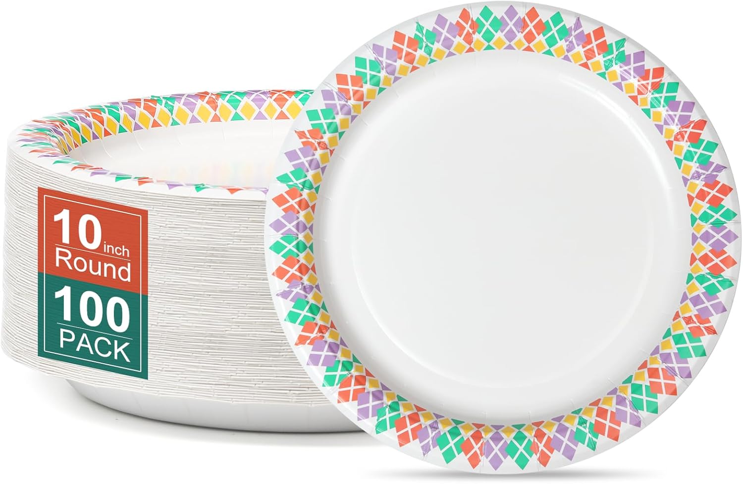 10 inch Paper Plates 100 Count Soak Proof, Cut Proof, Microwave Safe Heavy Duty Printed Disposable Plate for Everyday Use