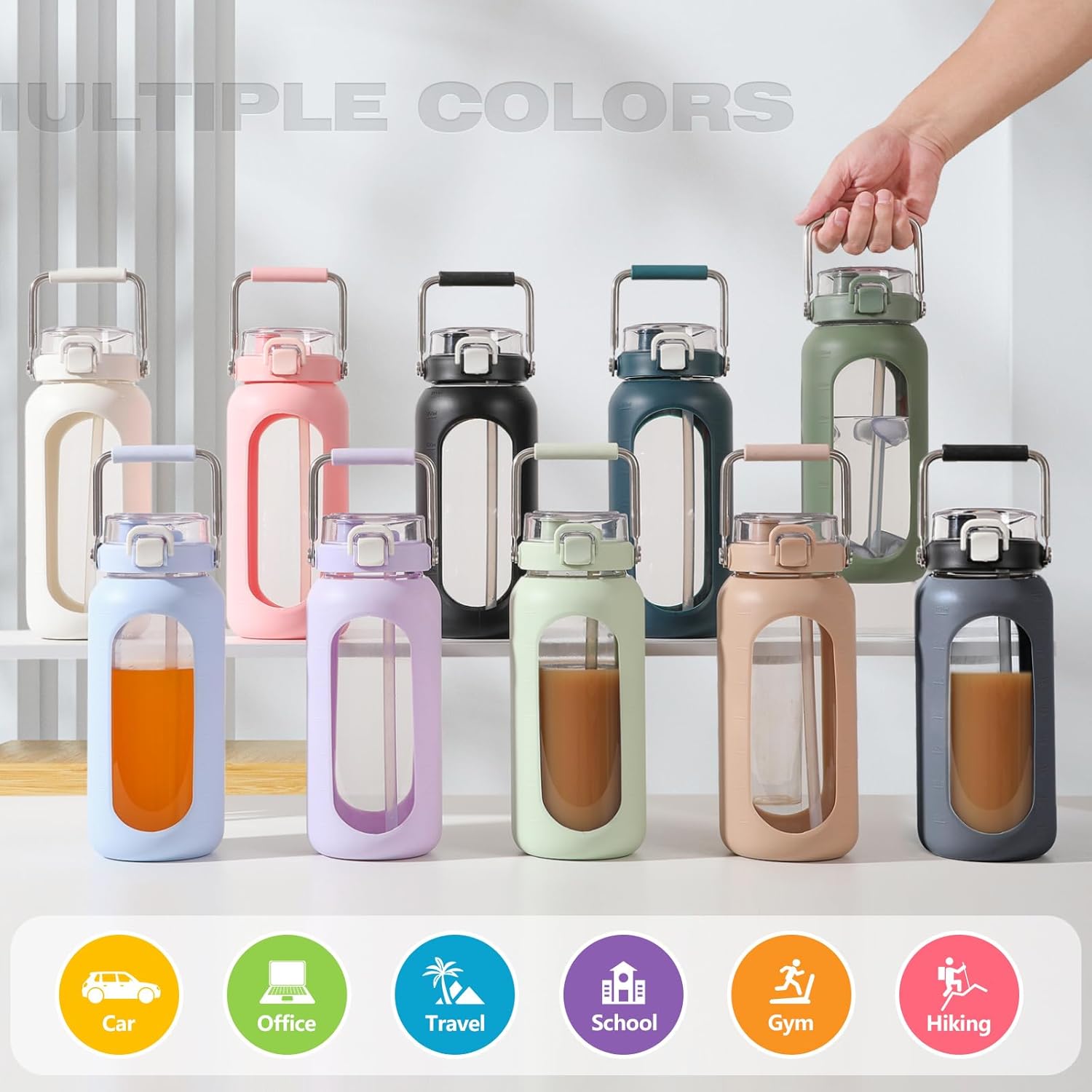 Botella de agua de vidrio de 64 onzas, botella de agua potable de vidrio con popote y mango de acero inoxidable, botella de agua motivacional de
