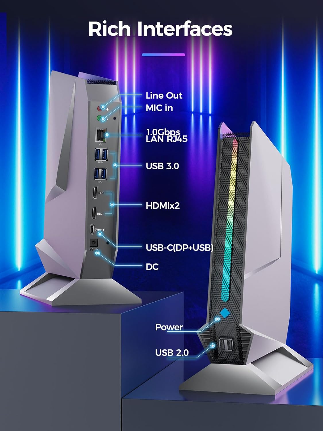 Mini PC para juegos Core i9-9880H  GTX1650 4G, 32GB DDR4, 1TB PCIe4.0 SSD, luces RGB, WiFi6EBT5.31.0G LAN2xHDMI1xUSB-C 4K 60Hz Win11 Pro Mini