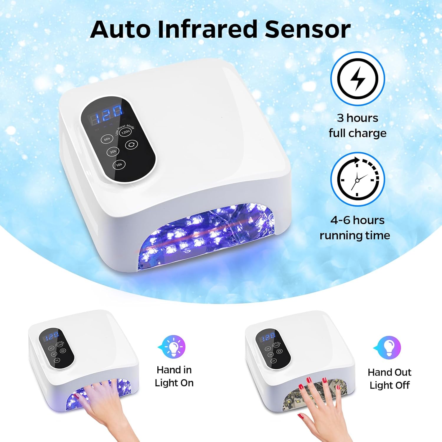 Lámpara de uñas LED UV inalámbrica, lámpara de uñas recargable de 72 W, secado rápido, secado rápido, luz de esmalte de gel profesional con 4