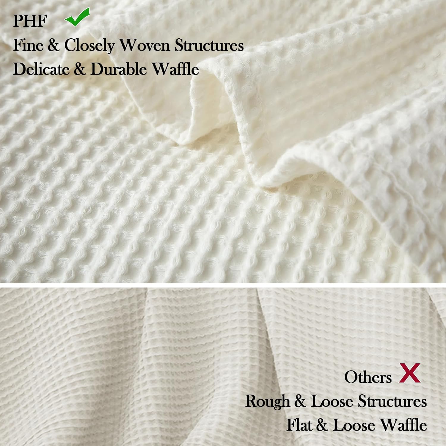 PHF Manta de tejido de gofre 100% algodón, tamaño Queen de 90 x 90 pulgadas, ligera, lavada, suave, transpirable, perfecta para el verano, gran capa